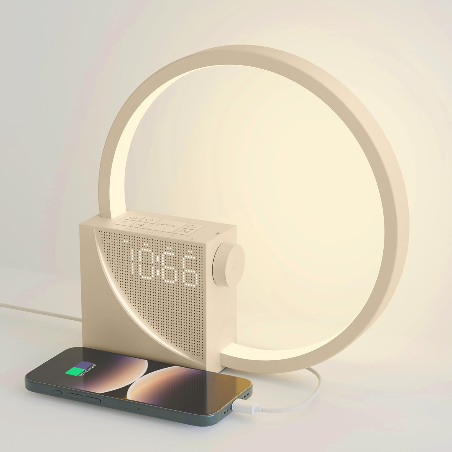 Lampada Comodino LED con Sveglia e USB, Beige