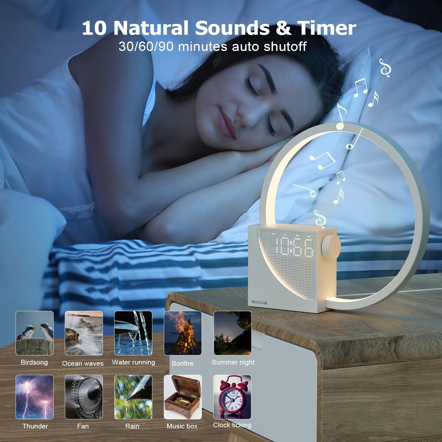 Lampada Comodino LED con Sveglia e USB, Beige - immagine 6