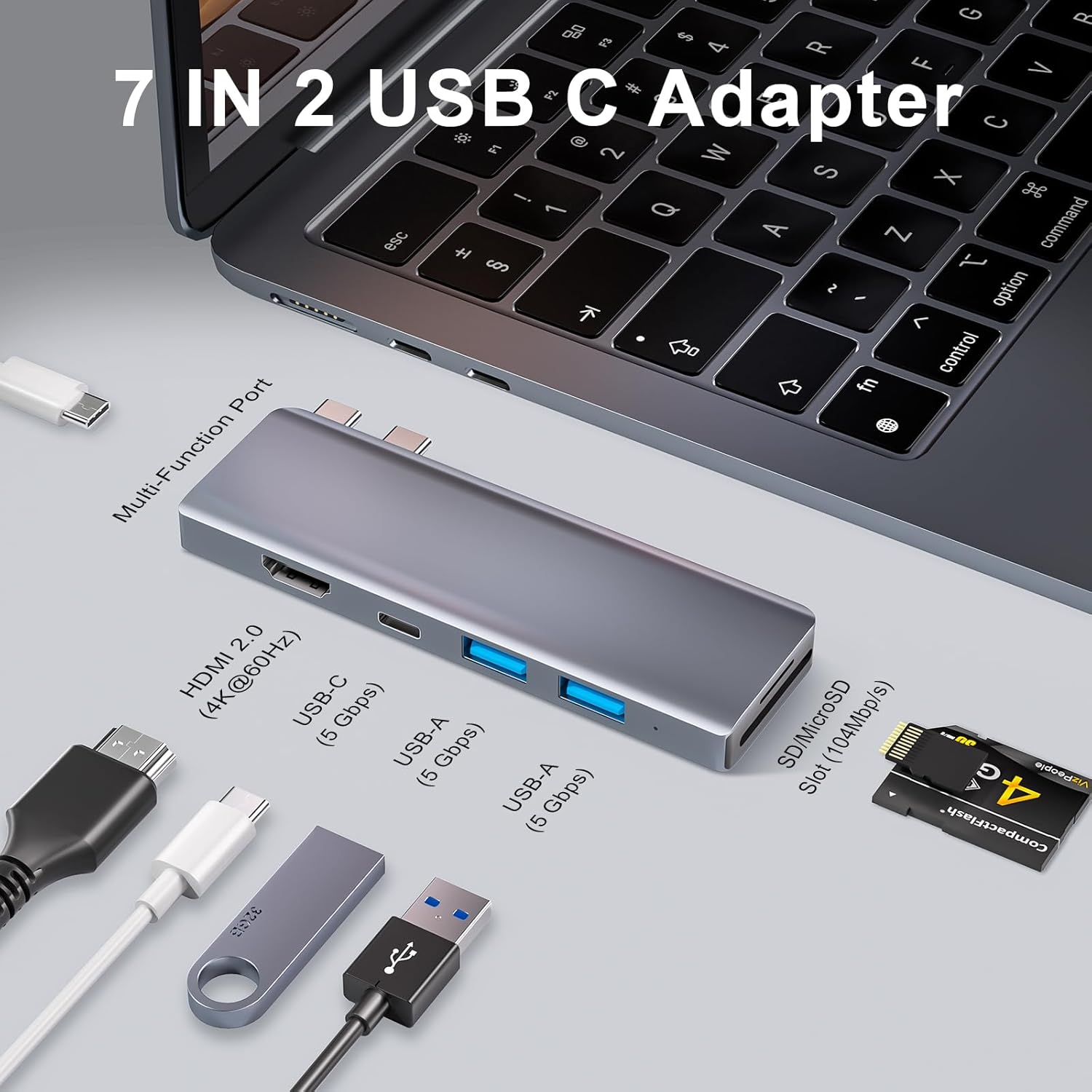 Zanbix USB C Hub 7-in-2 per MacBook Pro Air, Space Gray - immagine 2