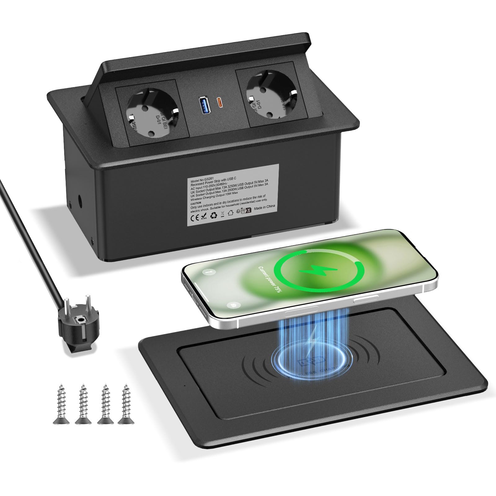 Presa a Scomparsa con Caricatore Wireless e USB C PD 20W