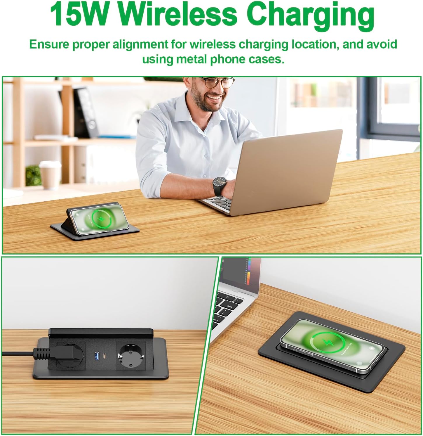 Presa a Scomparsa con Caricatore Wireless e USB C PD 20W - immagine 2