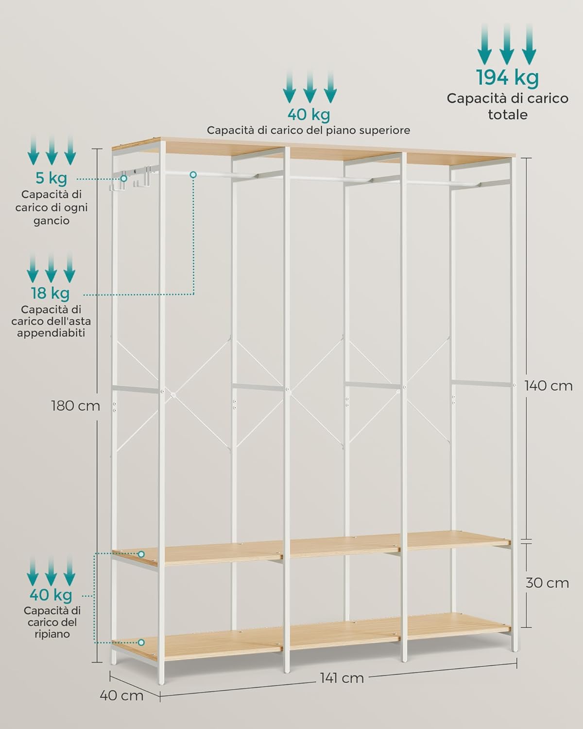 Songmics Armadio Portatile Pieghevole 40x141x180 cm, Beige - immagine 6