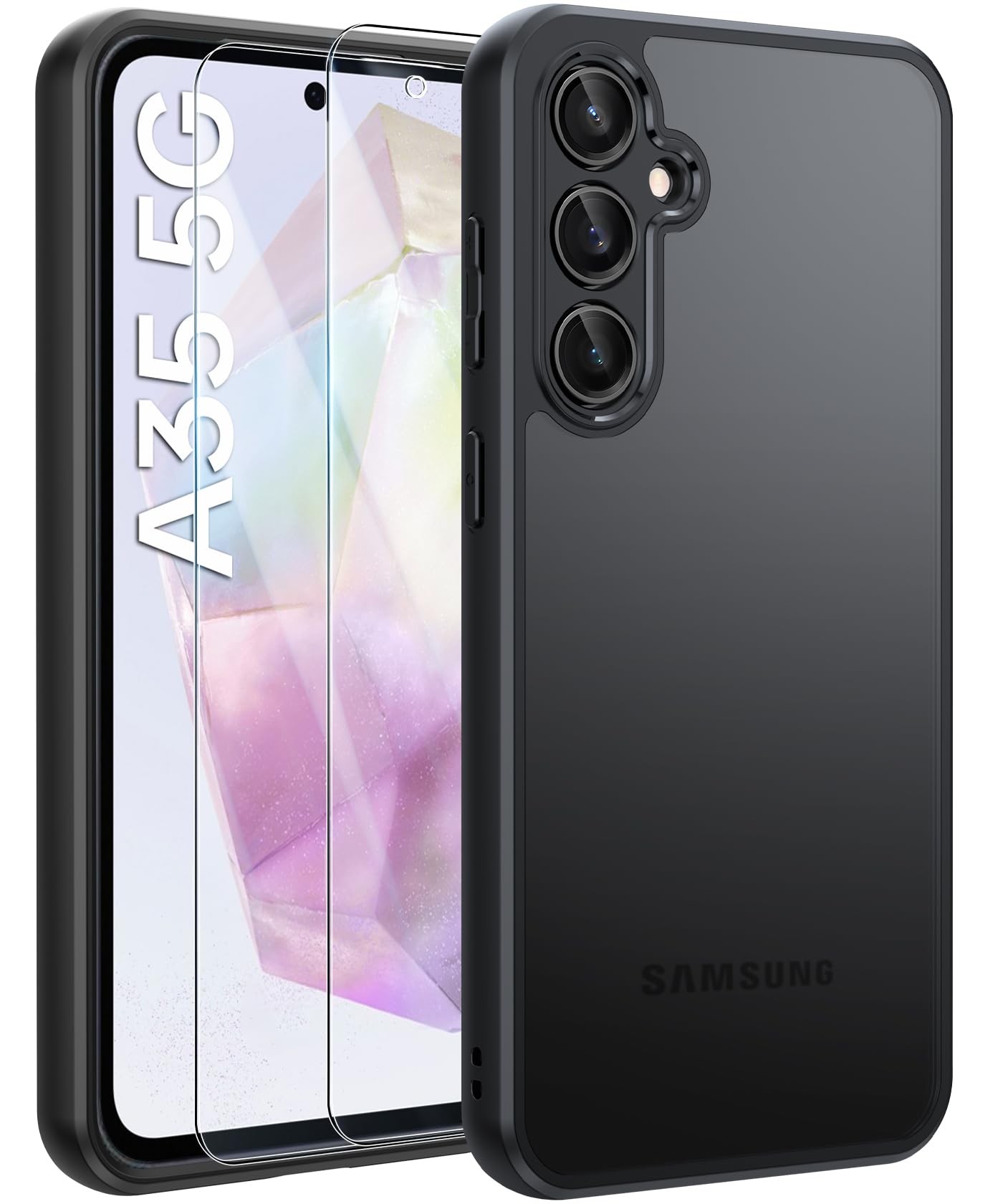 Fllao Cover Opaca Samsung Galaxy A35 5G con 2 Vetro Temperato, Nero