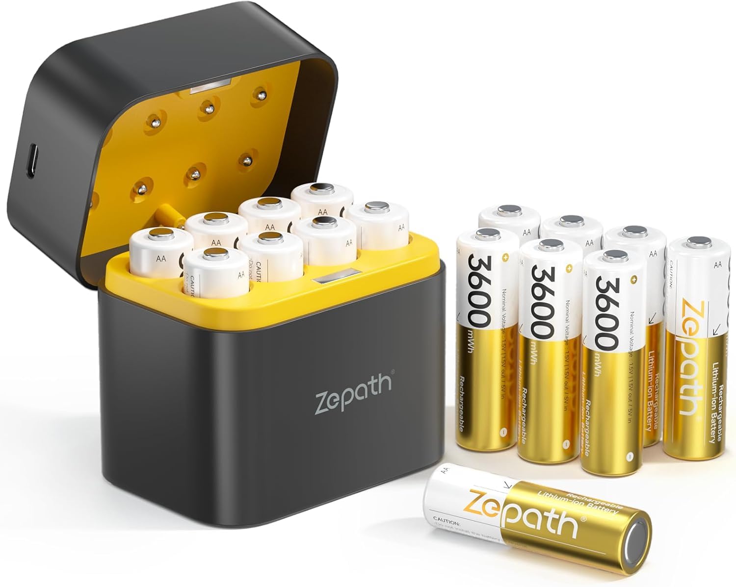Zepath 16 PCS 1,5V AA Lithium Batterie Ricaricabili con Caricabatterie 8 Slot, 3600mWh Dobbia A Batterie Ricaricabili con 2000+Tech