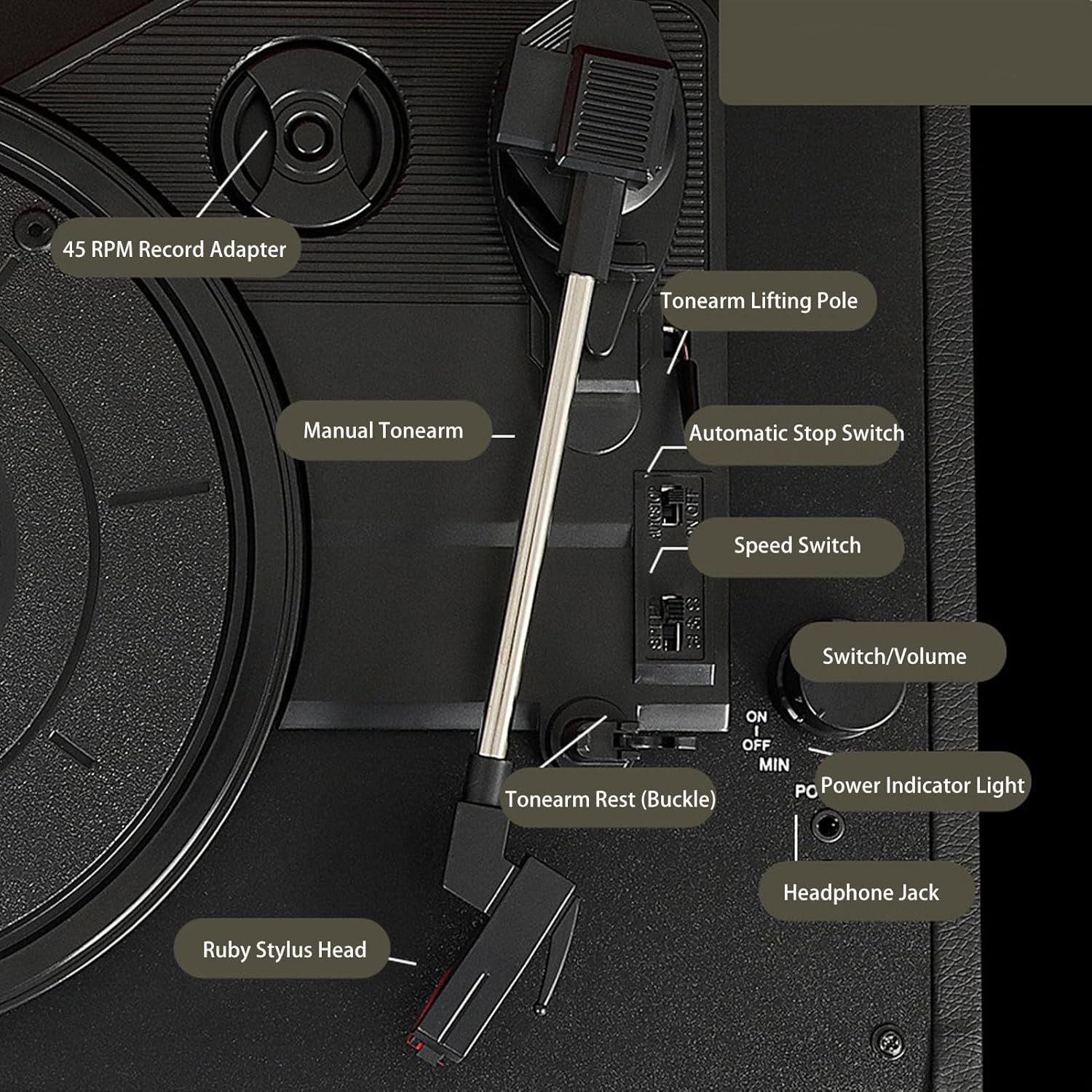 Giradischi Vintage Portatile Bluetooth 5.0 a 3 Velocità - immagine 3