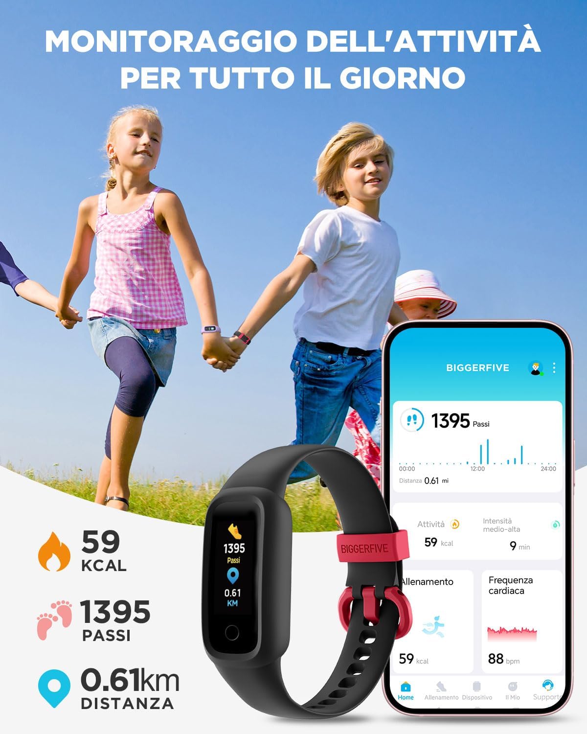 Biggerfive Vigor 2 L - Fitness Tracker per Bambini, Nero - immagine 2
