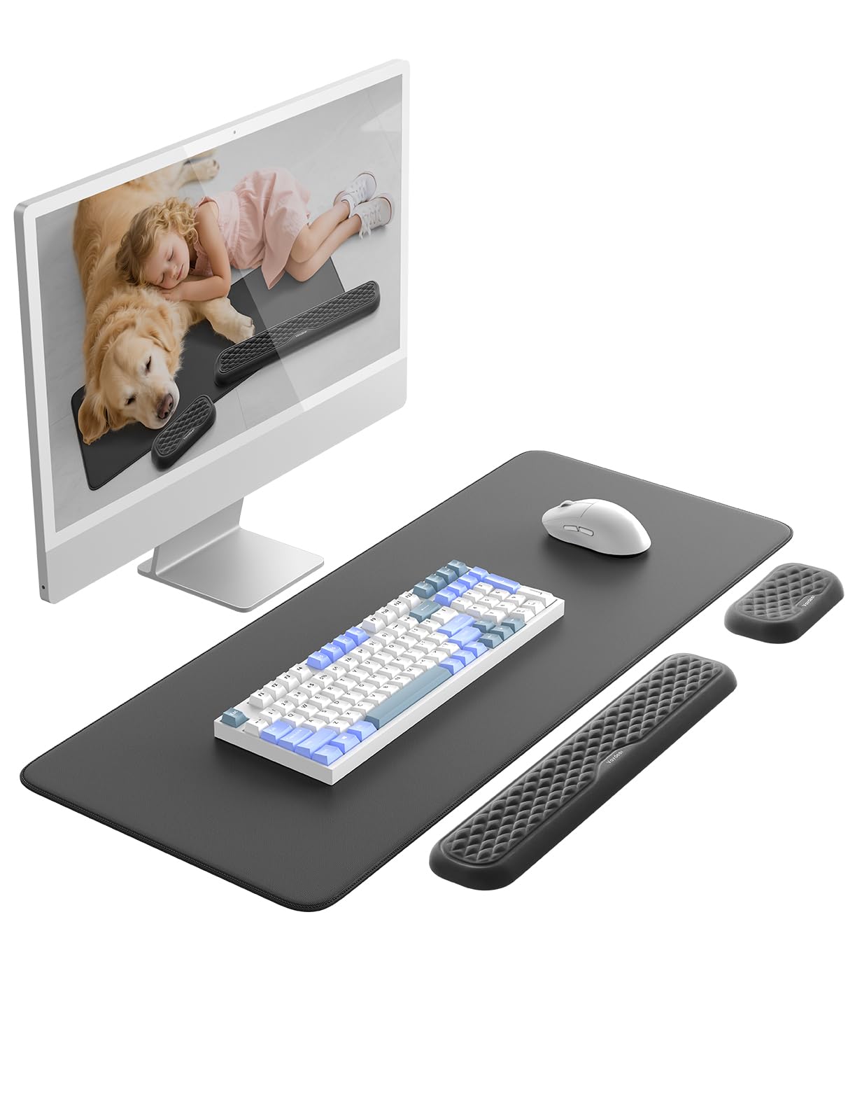 VAYDEER Set ergonomico 3 pezzi – Supporto tastiera, poggiapolsi e tappetino mouse in memory foam – Antiscivolo, confortevole per ufficio e casa, nero