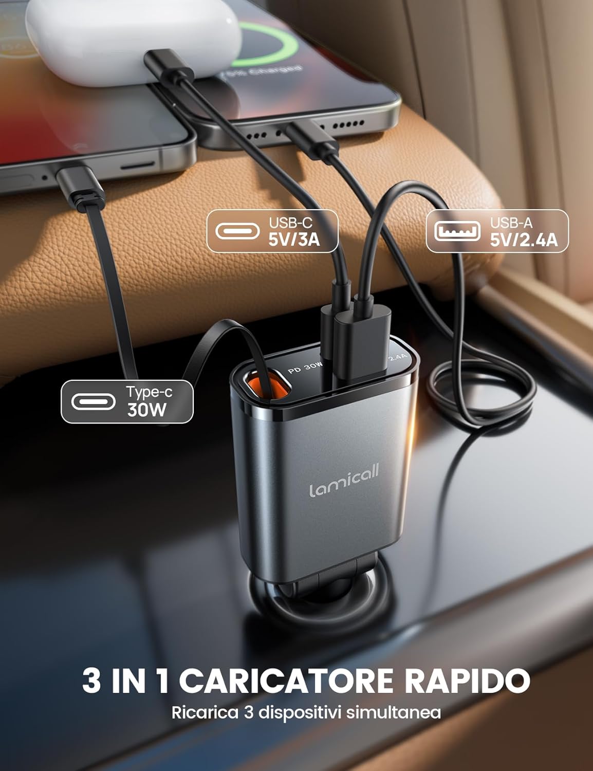 Lamicall 3-IN-1 Caricatore Auto USB C 50W Super Compatto - immagine 4