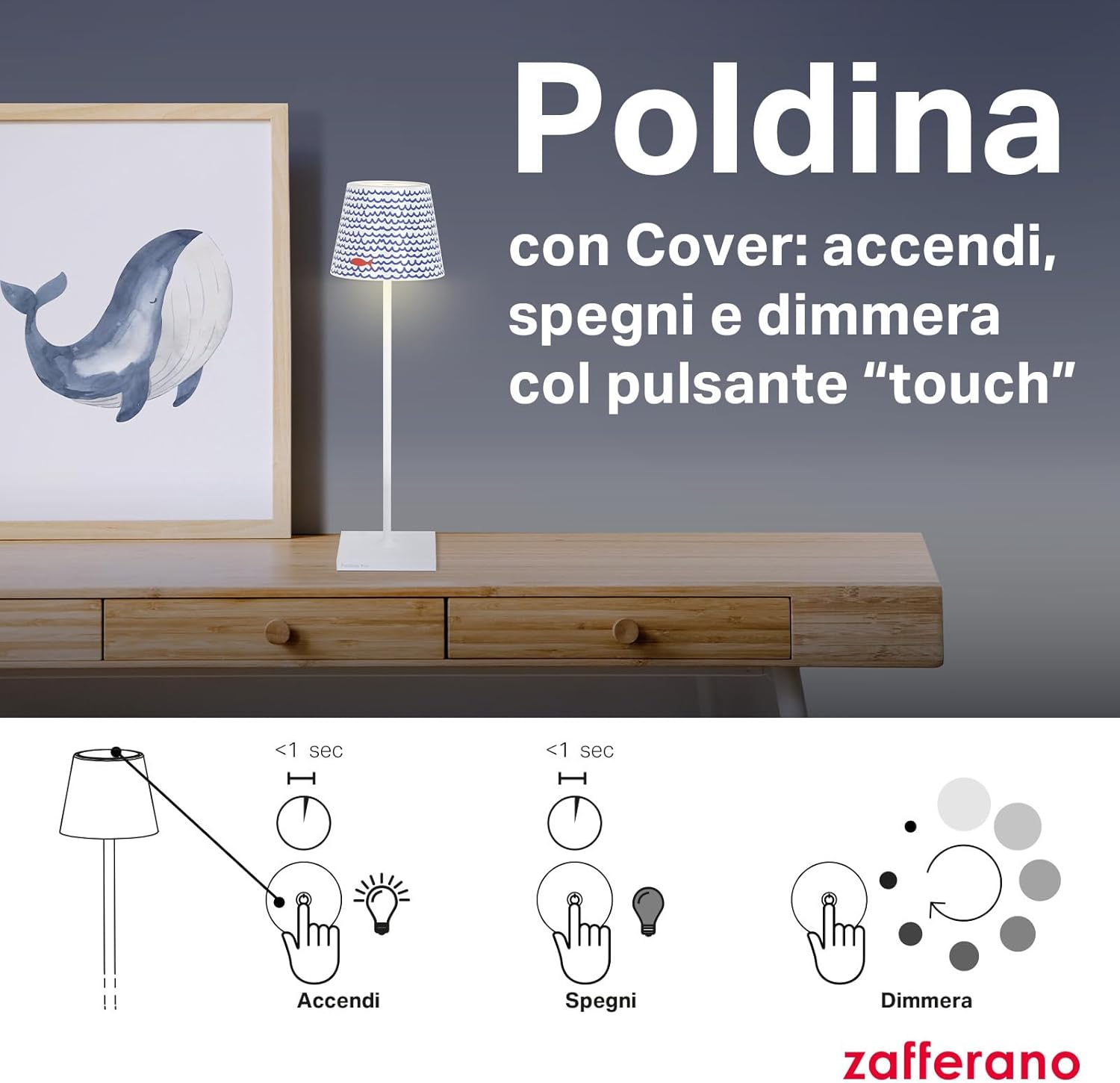 Zafferano Poldina Pro - Lampada Tavolo Ricaricabile, Bianco - immagine 5