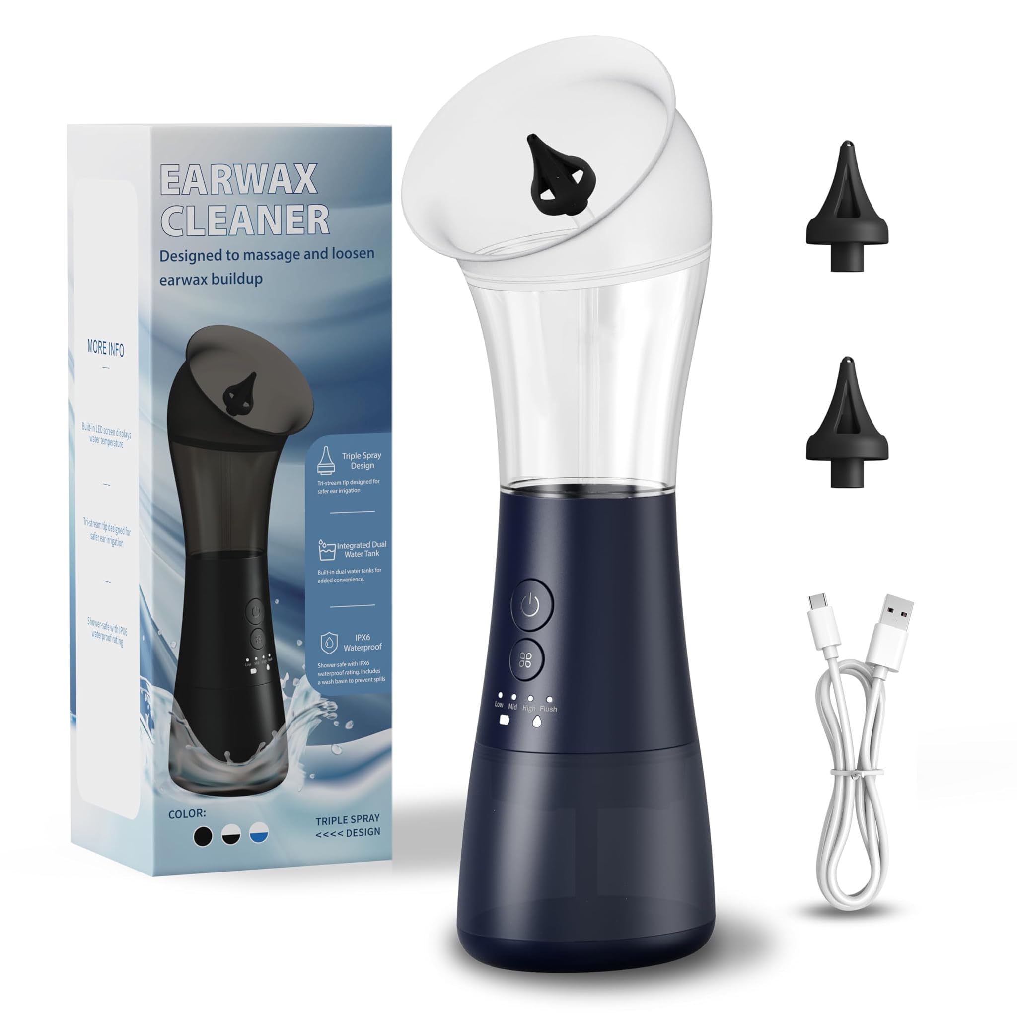 Vinipo Pulitore Auricolare Elettrico con Doppio Serbatoio, Blu