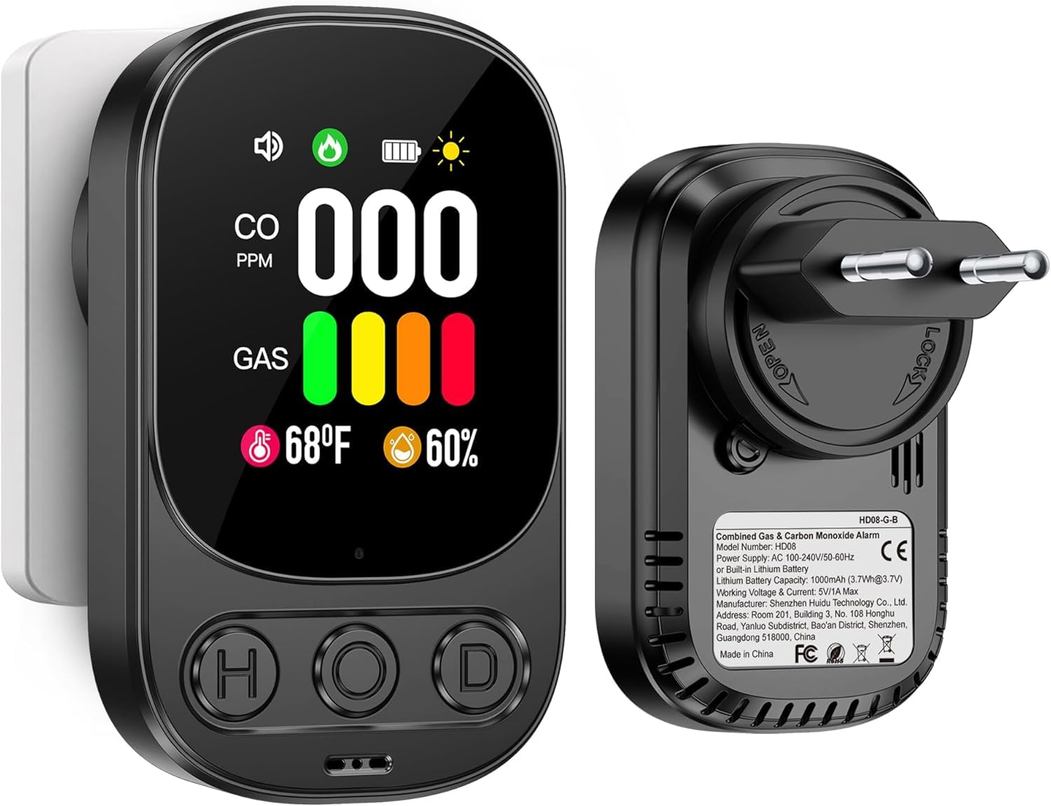 Rilevatore Gas e Monossido di Carbonio con Spina, Nero
