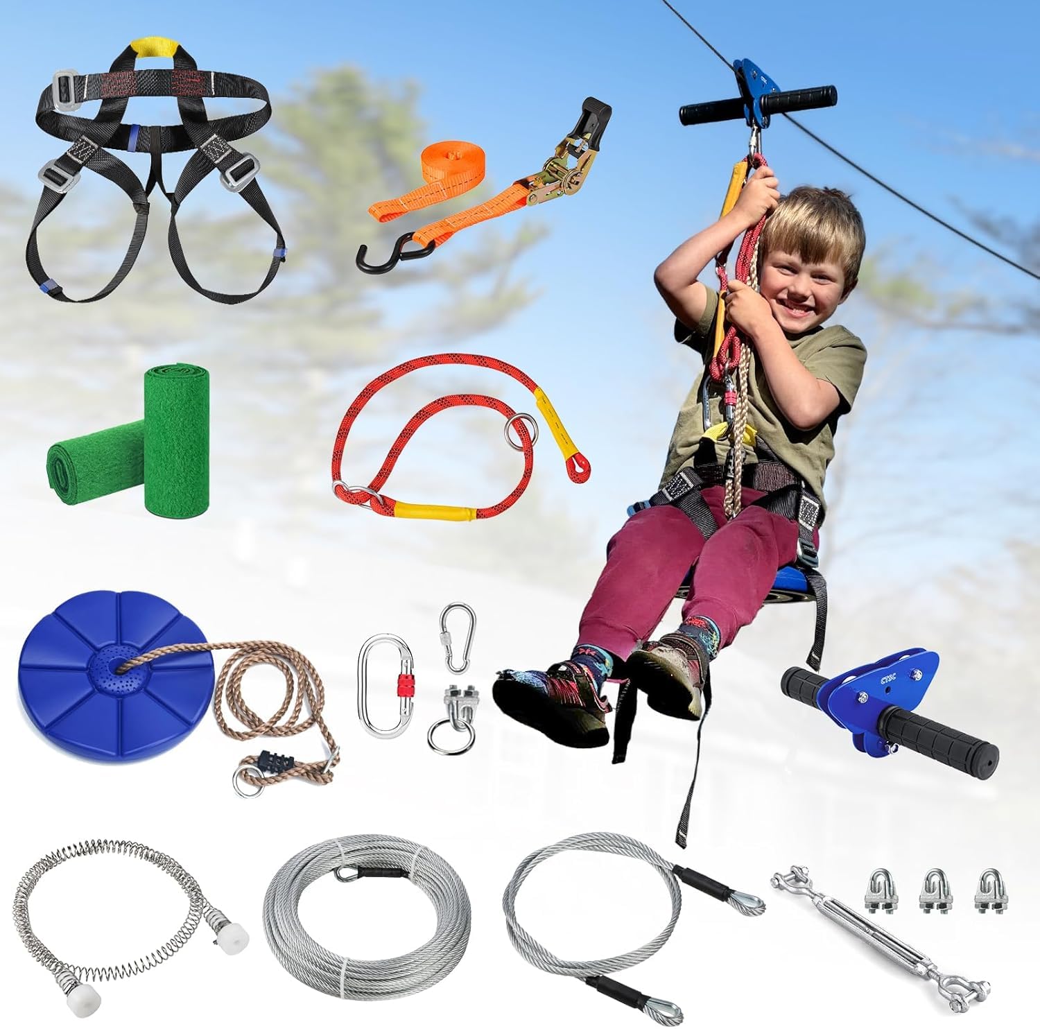 CTSC Kit di filo zip per giardino, kit di filo zip da 38 m, per bambini e adulti, con freno a molla in acciaio inossidabile, kit di tensione, imbracatura di sicurezza, protezioni per alberi (38 m blu)