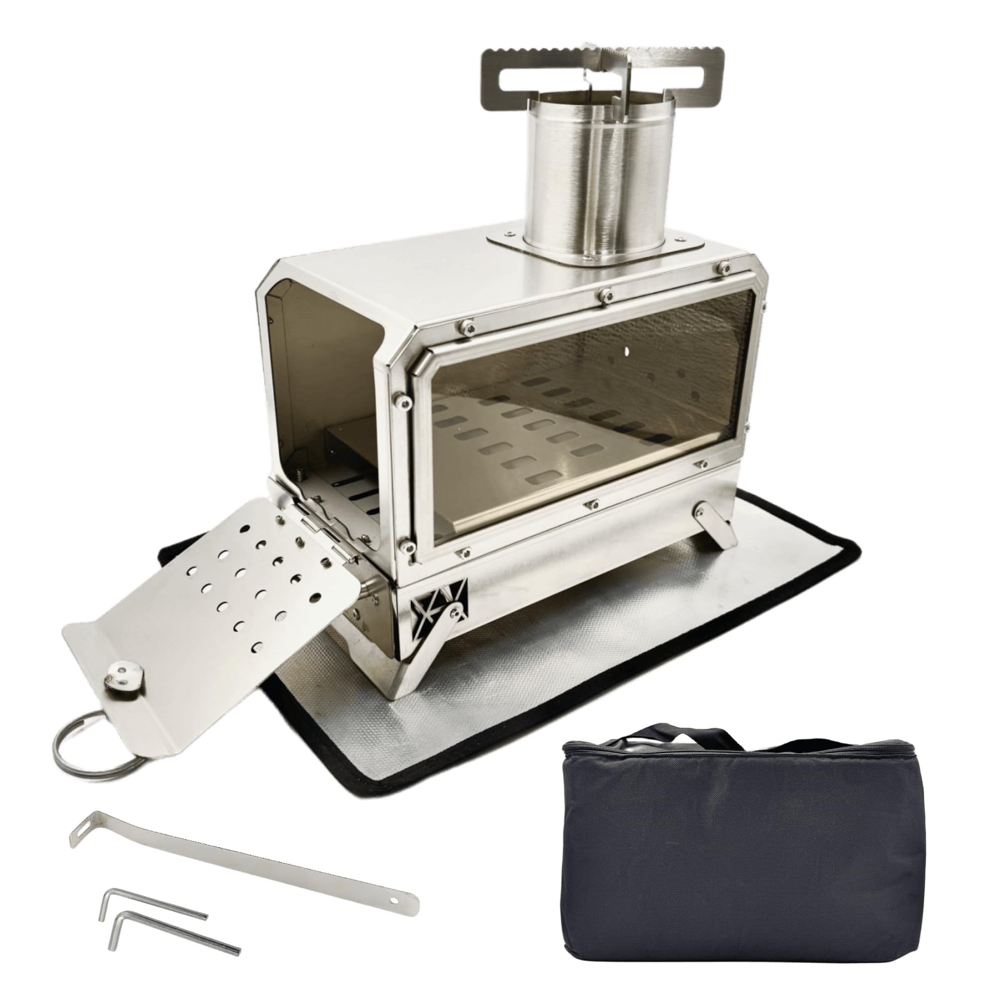 Stufa a Legna da Campeggio Inox con Finestre in Vetro