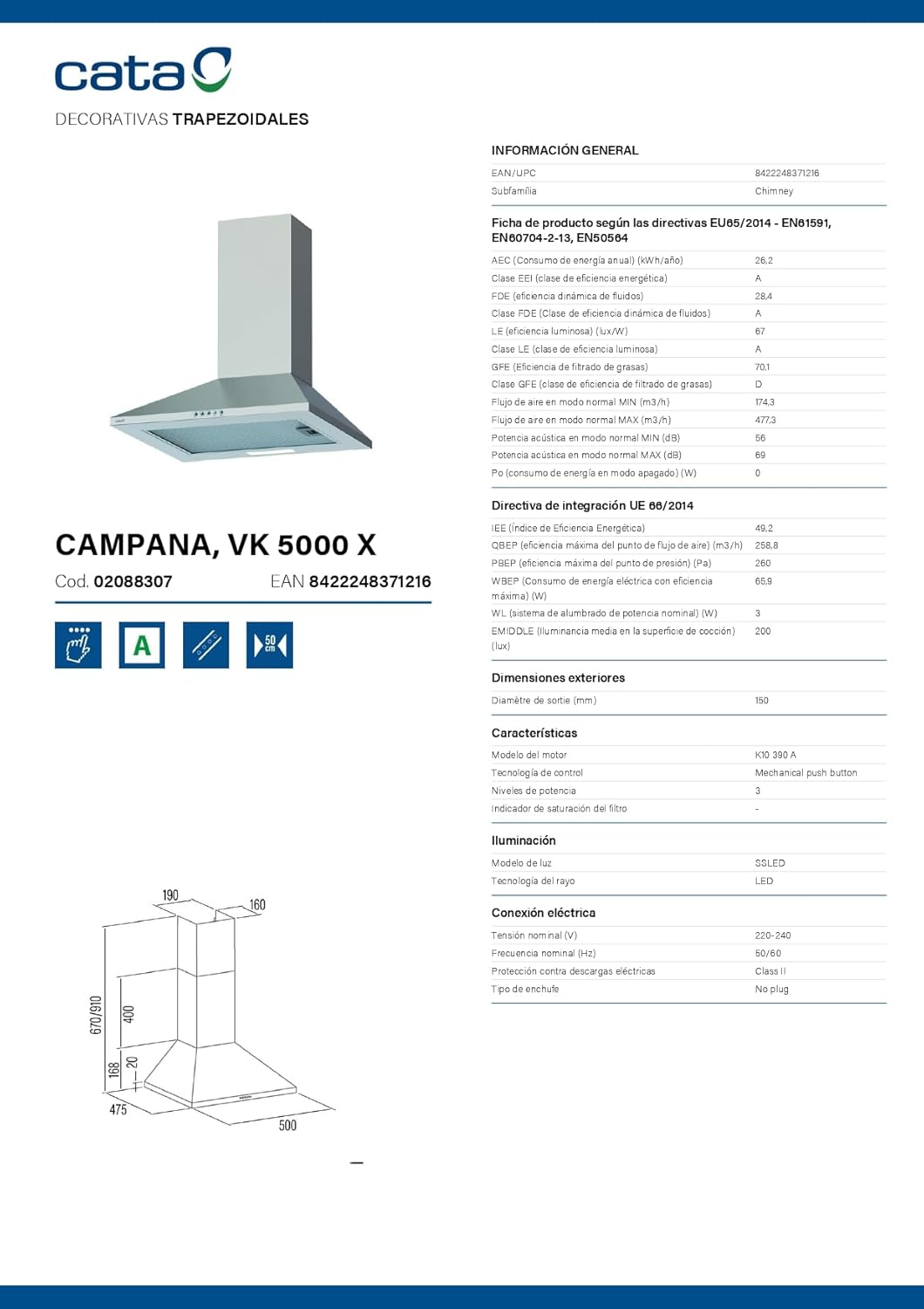 Cata Cappa Estrattore VK 5000 X Inox 480 m³/h - immagine 2