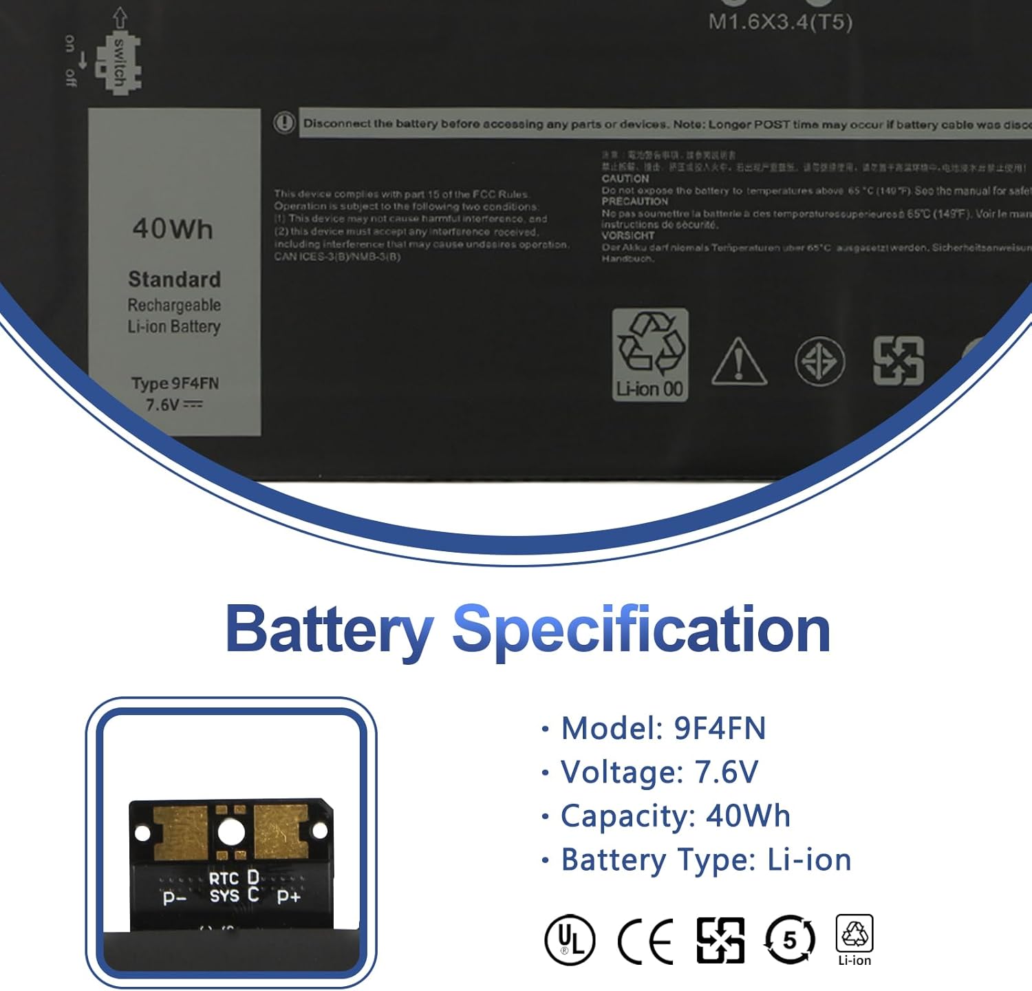 Antiee Batteria Laptop 40Wh 9F4FN per Dell Latitude 7320 - immagine 2