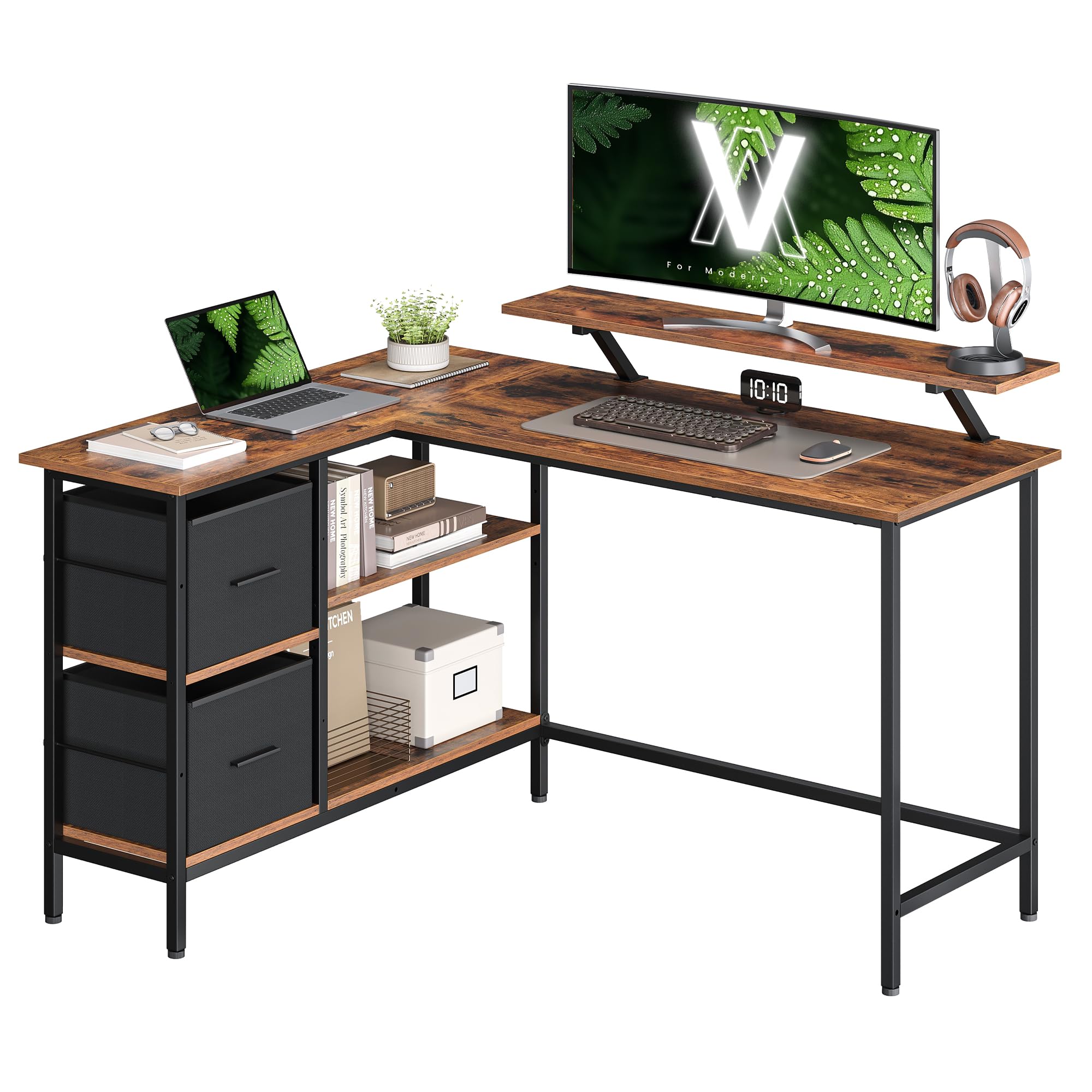 Vasagle Scrivania a L con 2 Cassetti e Supporto Monitor