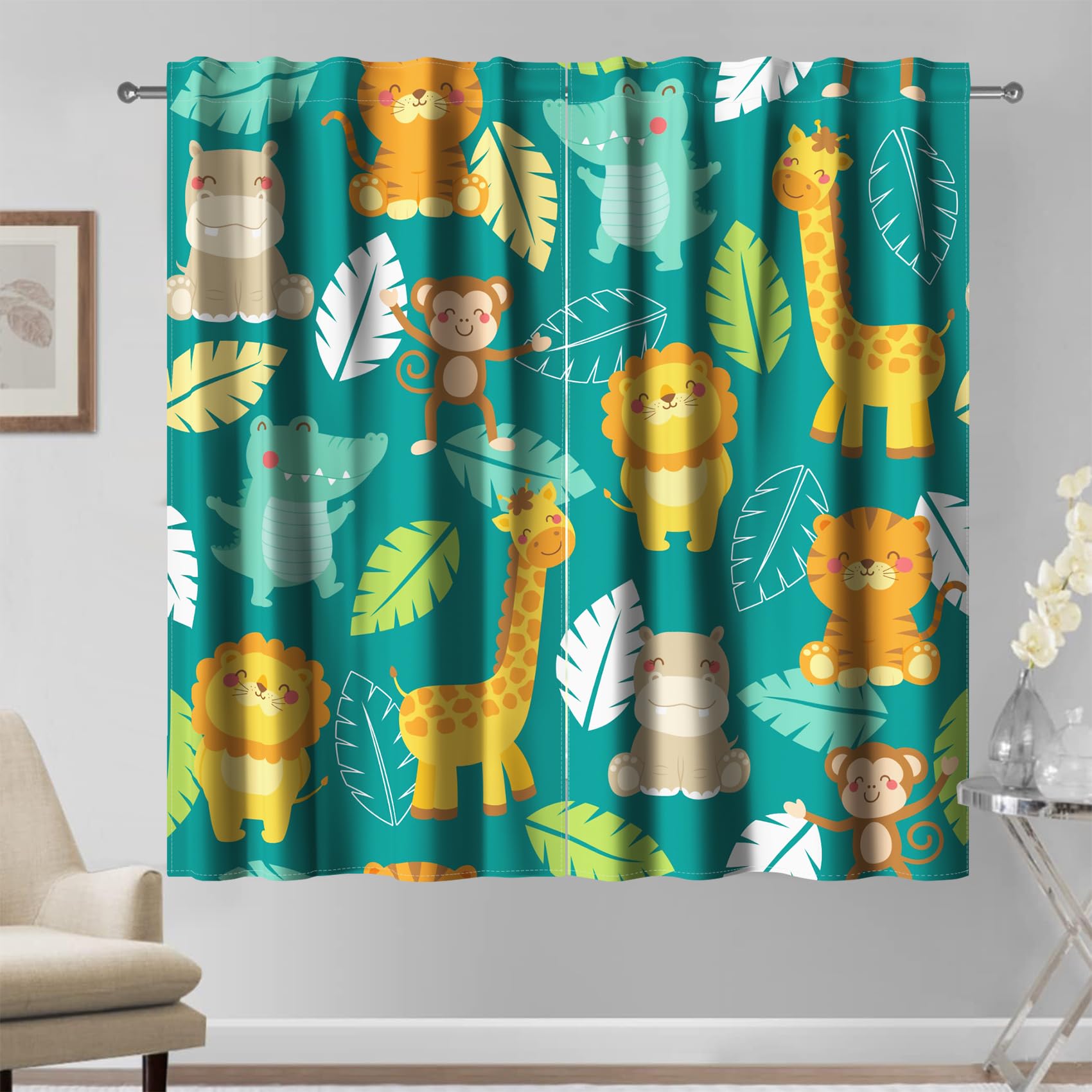 117x229cm Tende per Bambini 2 Pannelli, Animali della Foresta Tigre Leoni Ippopotami Giraffe Cartoni Animati drappeggiate per Bambini Ragazzi Ragazze Camera da Letto per Bambini