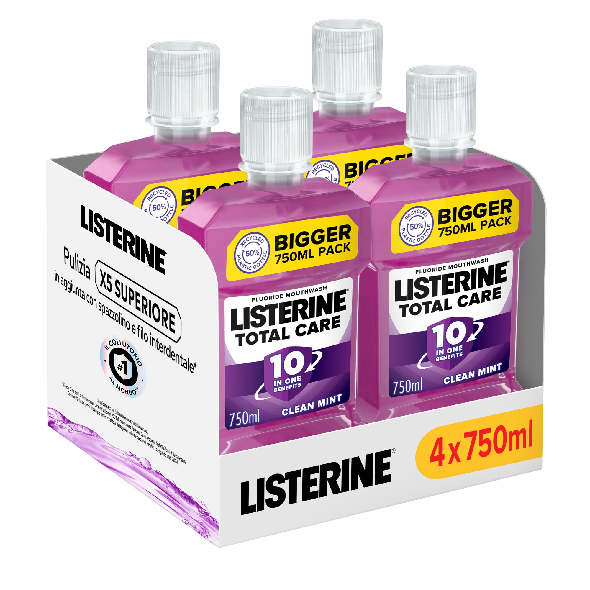 LISTERINE Total Care, Collutorio al gusto di Menta Pura, Collutorio con 10 benefici in 1 per una protezione completa e denti più forti, per un'igiene orale completa, 4x750 ml – Esclusiva 