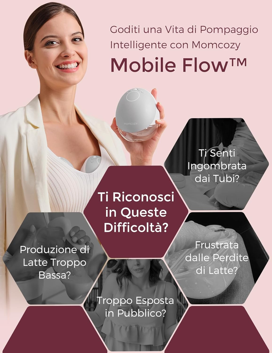 Momcozy Tiralatte Elettrico M9 a Mani Libere, Rosso - immagine 2