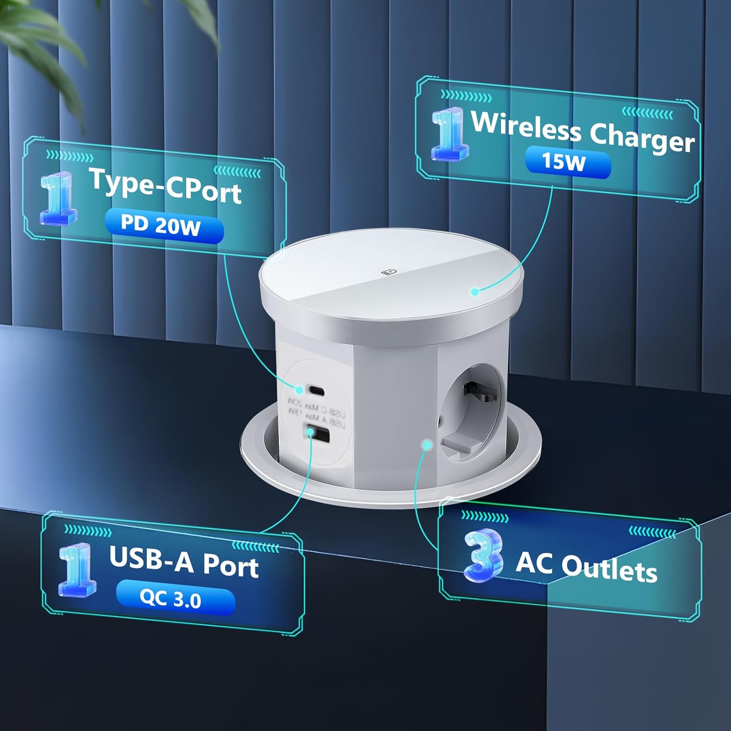 Presa a Scomparsa 4 Scomparti con USB-C e USB-A, Bianca - immagine 3