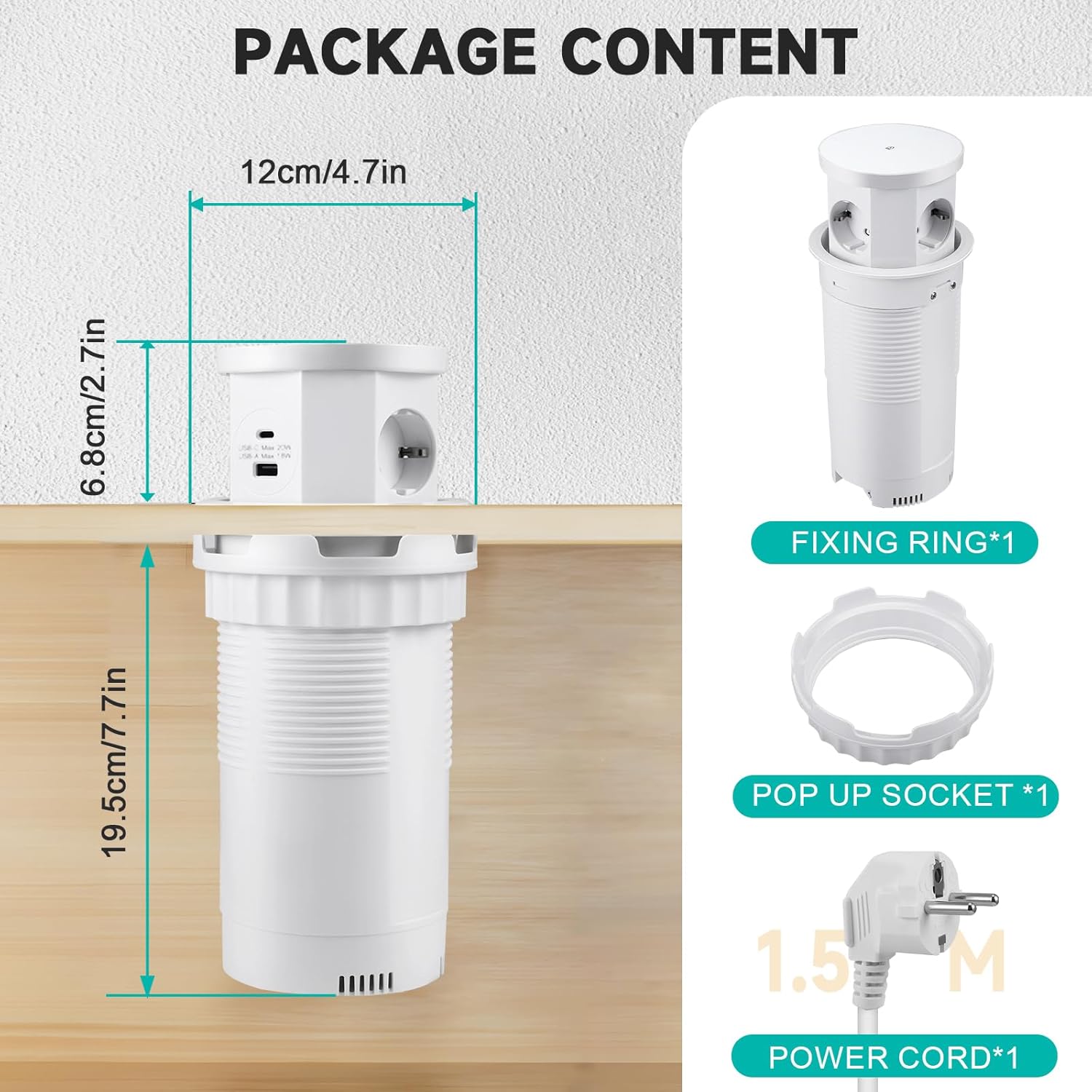 Presa a Scomparsa 4 Scomparti con USB-C e USB-A, Bianca - immagine 6