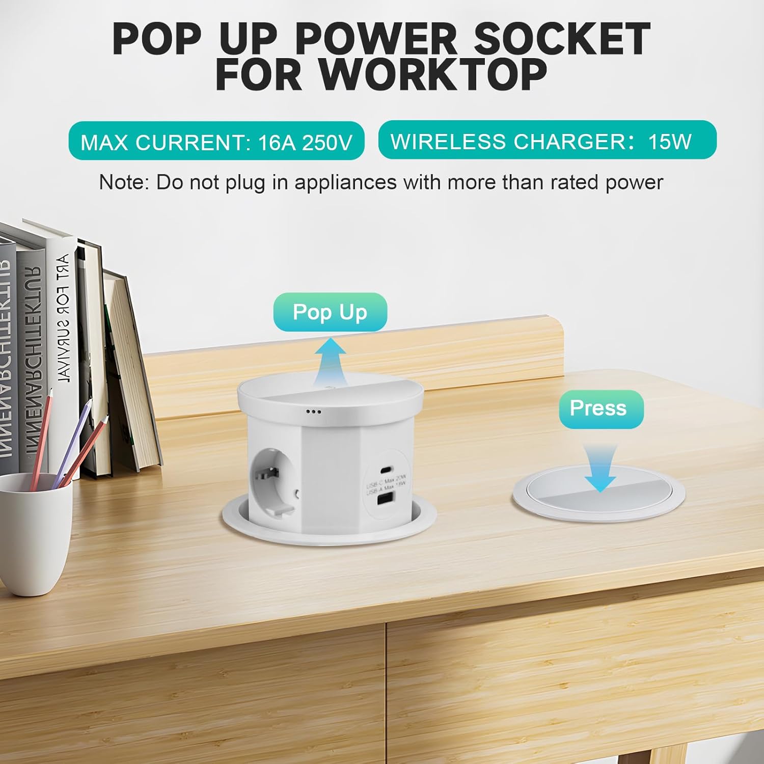 Presa a Scomparsa 4 Scomparti con USB-C e USB-A, Bianca - immagine 7