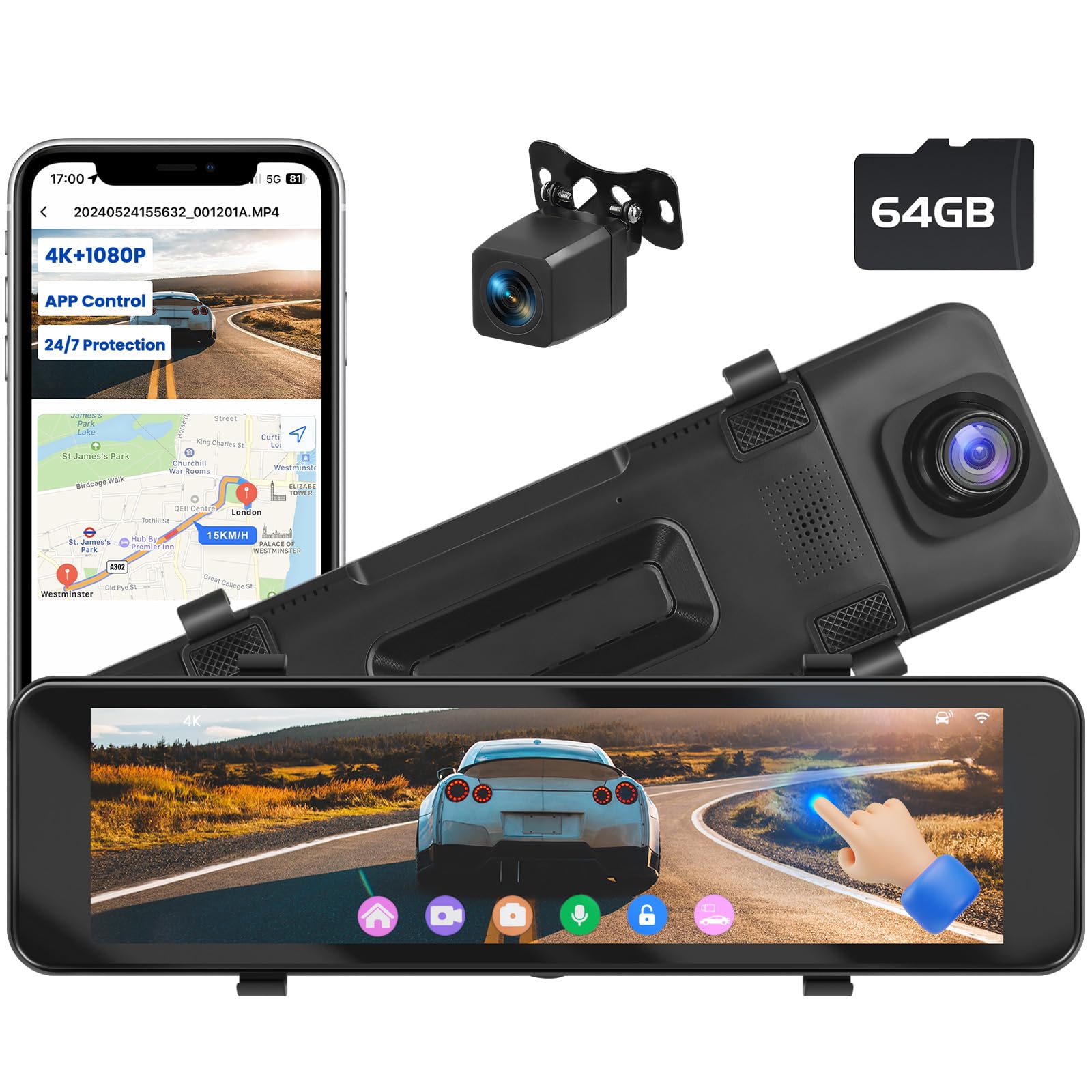 Hikity Dashcam Retrovisore 2 Canali WIFI 4K/1080P