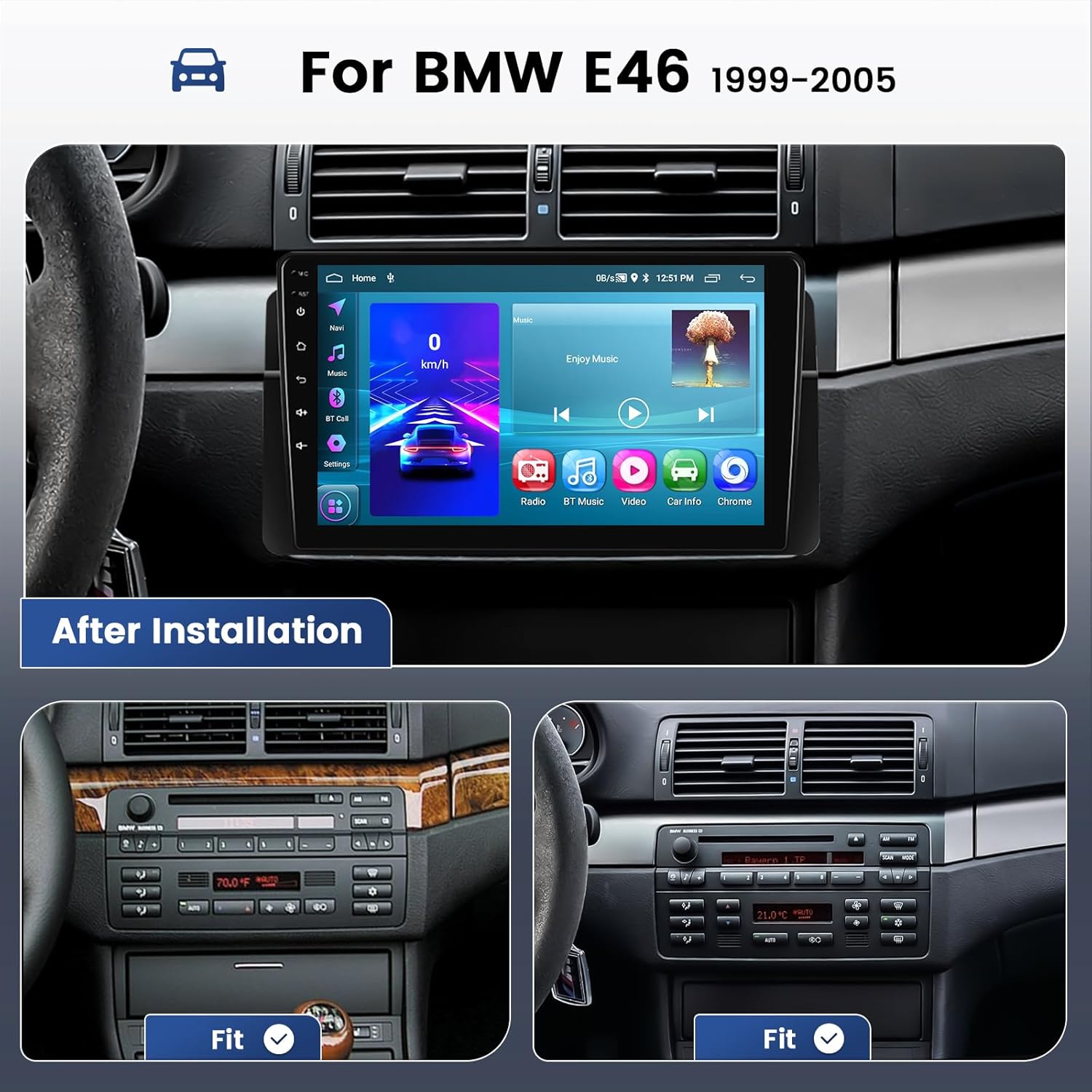 Hikity Autoradio 9" Android Wireless CarPlay per BMW E46 - immagine 2