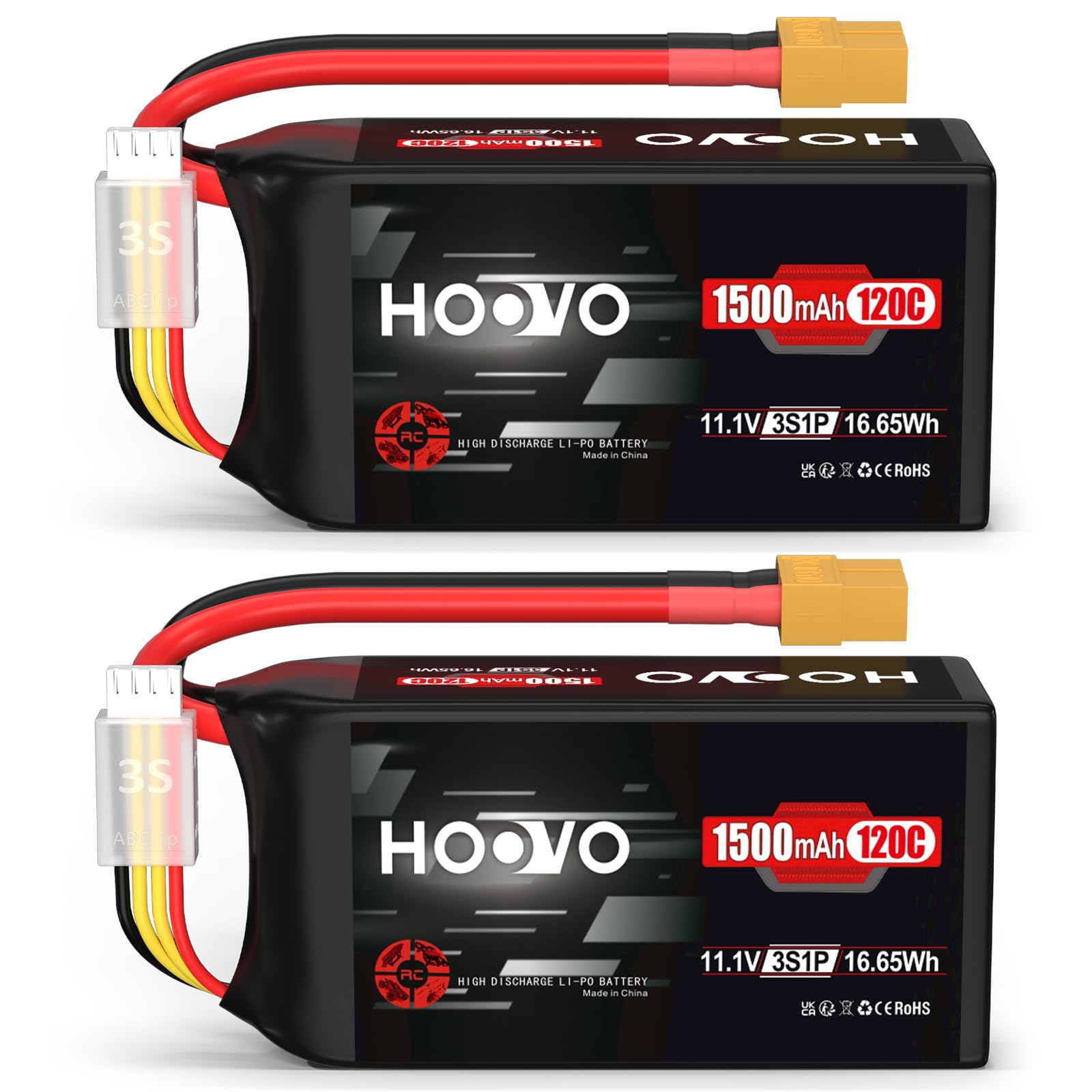 Batteria Lipo 3S, 11,1 V, 120C, 1500 mAh, con spina XT60, batteria ricaricabile HOOVO per FPV Racing Drone quadricottero, elicottero, aereo, barca, modelli RC (2 confezioni)