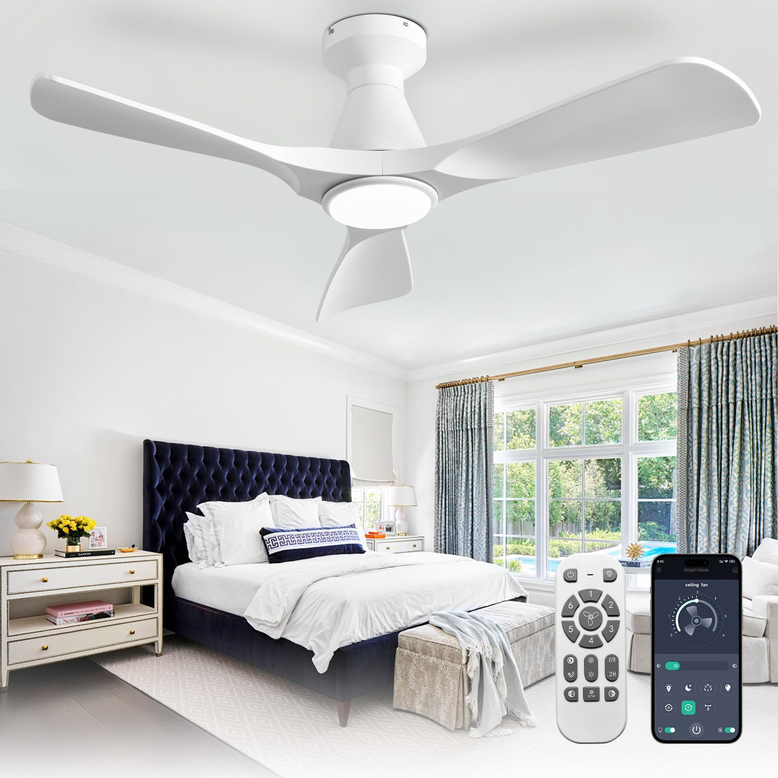 Depuley Ventole da soffitto da 42 pollici con luci: Ventilatore a soffitto bianco da incasso a basso profilo - Ventilatore da esterno silenzioso a motore DC con timer di controllo APP remoto
