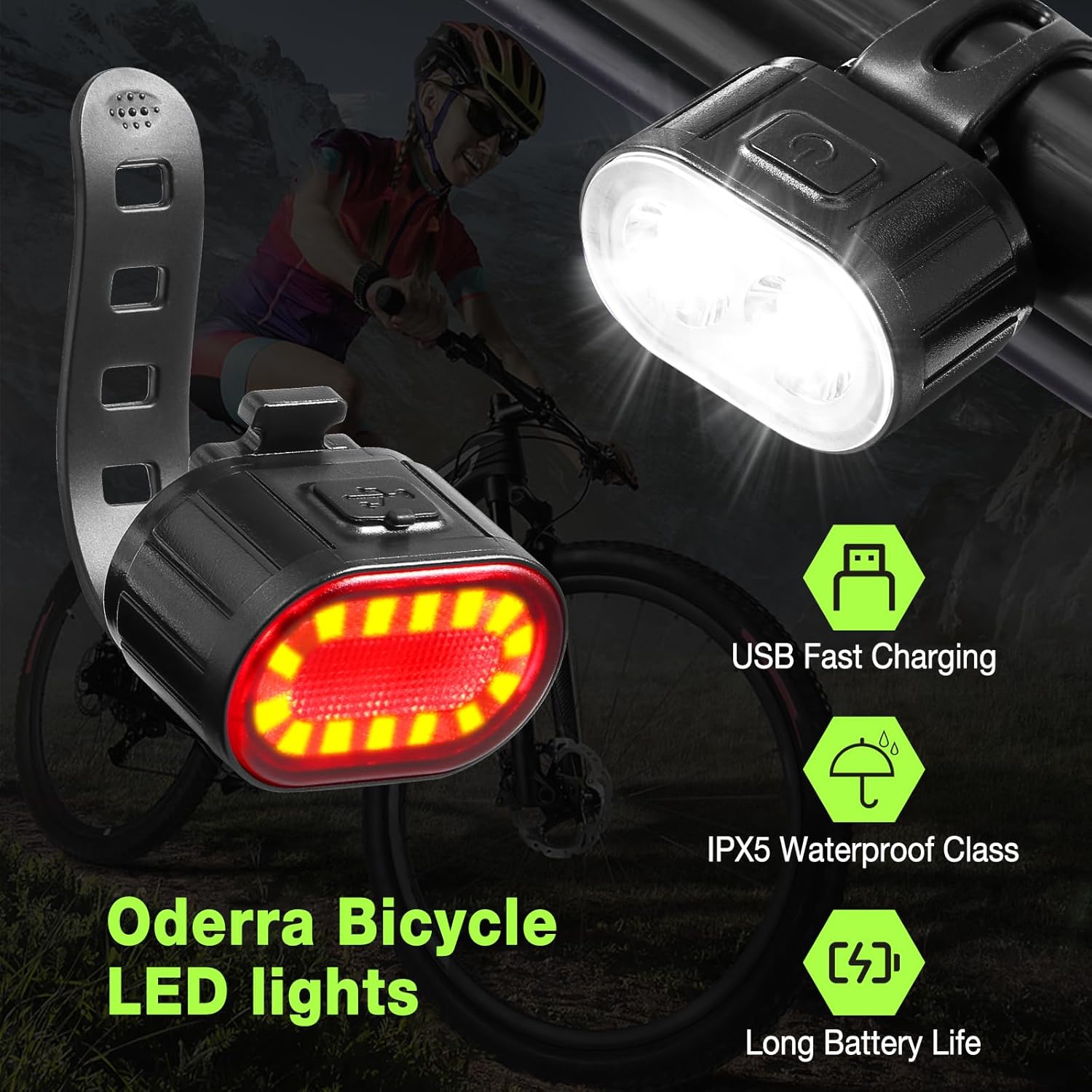 Oderra Luci Bicicletta LED Anteriore e Posteriore USB - immagine 3