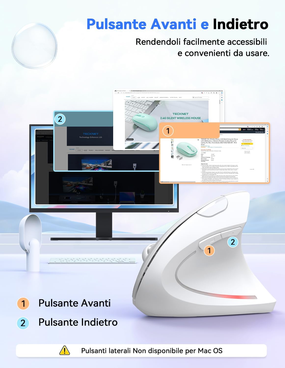 Tecknet Mouse Verticale Wireless Ergonomico 4800 DPI, Bianco - immagine 4