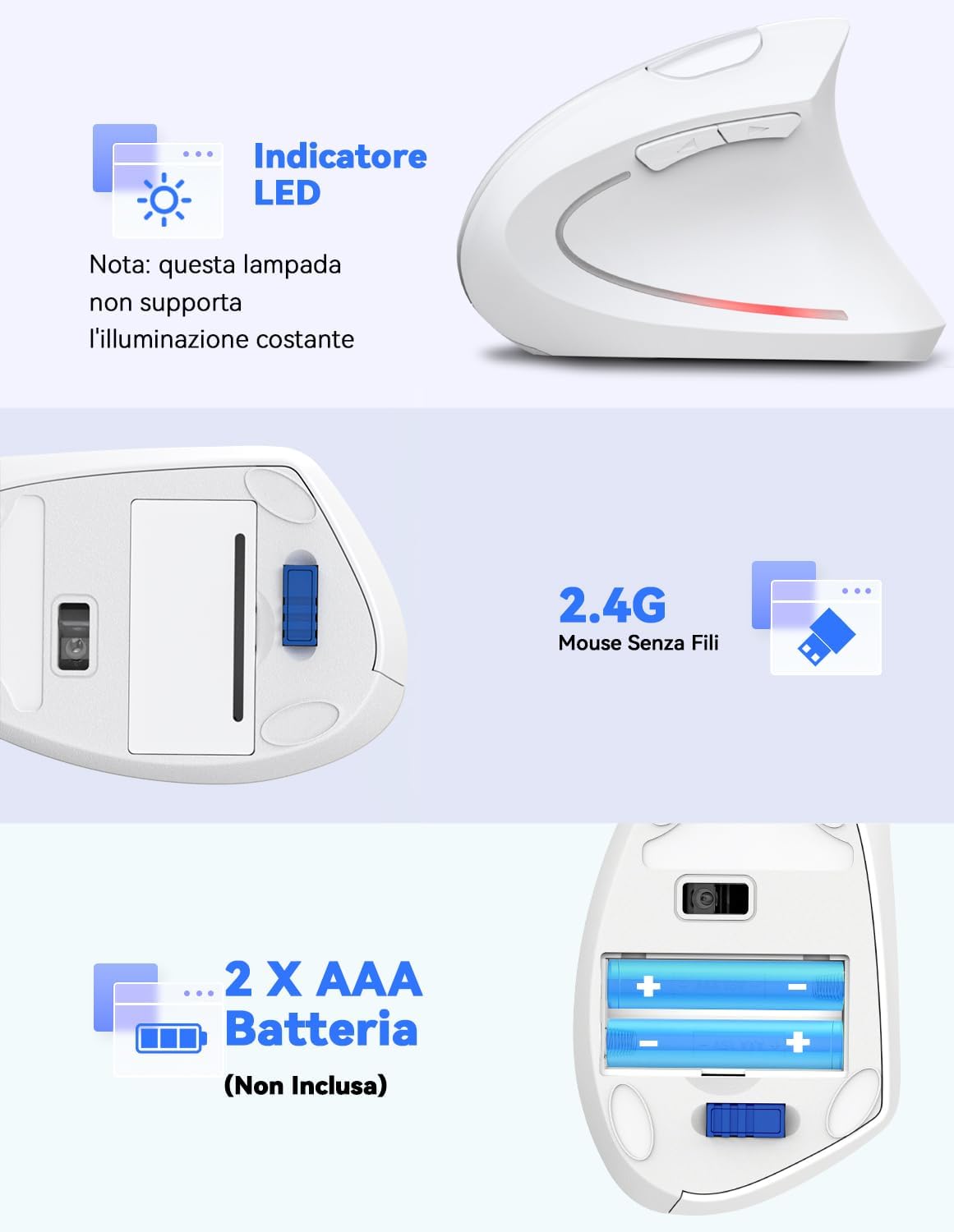 Tecknet Mouse Verticale Wireless Ergonomico 4800 DPI, Bianco - immagine 7