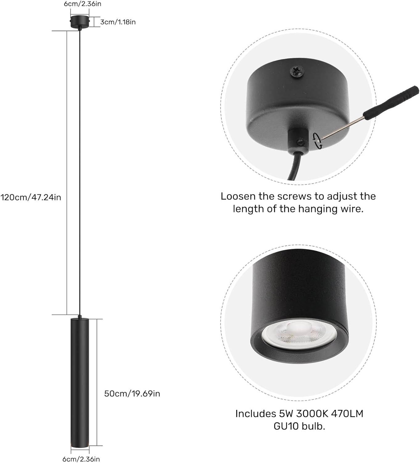 Klighten Lampada a Sospensione Cilindro GU10 50cm, Nera - immagine 2