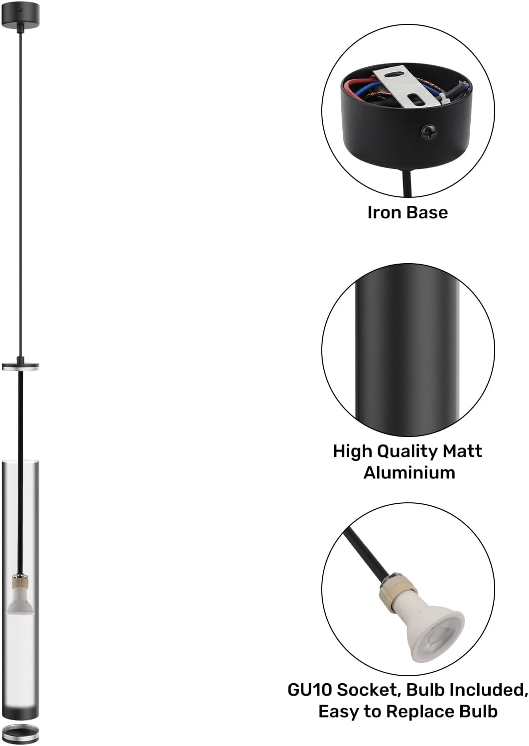 Klighten Lampada a Sospensione Cilindro GU10 50cm, Nera - immagine 3