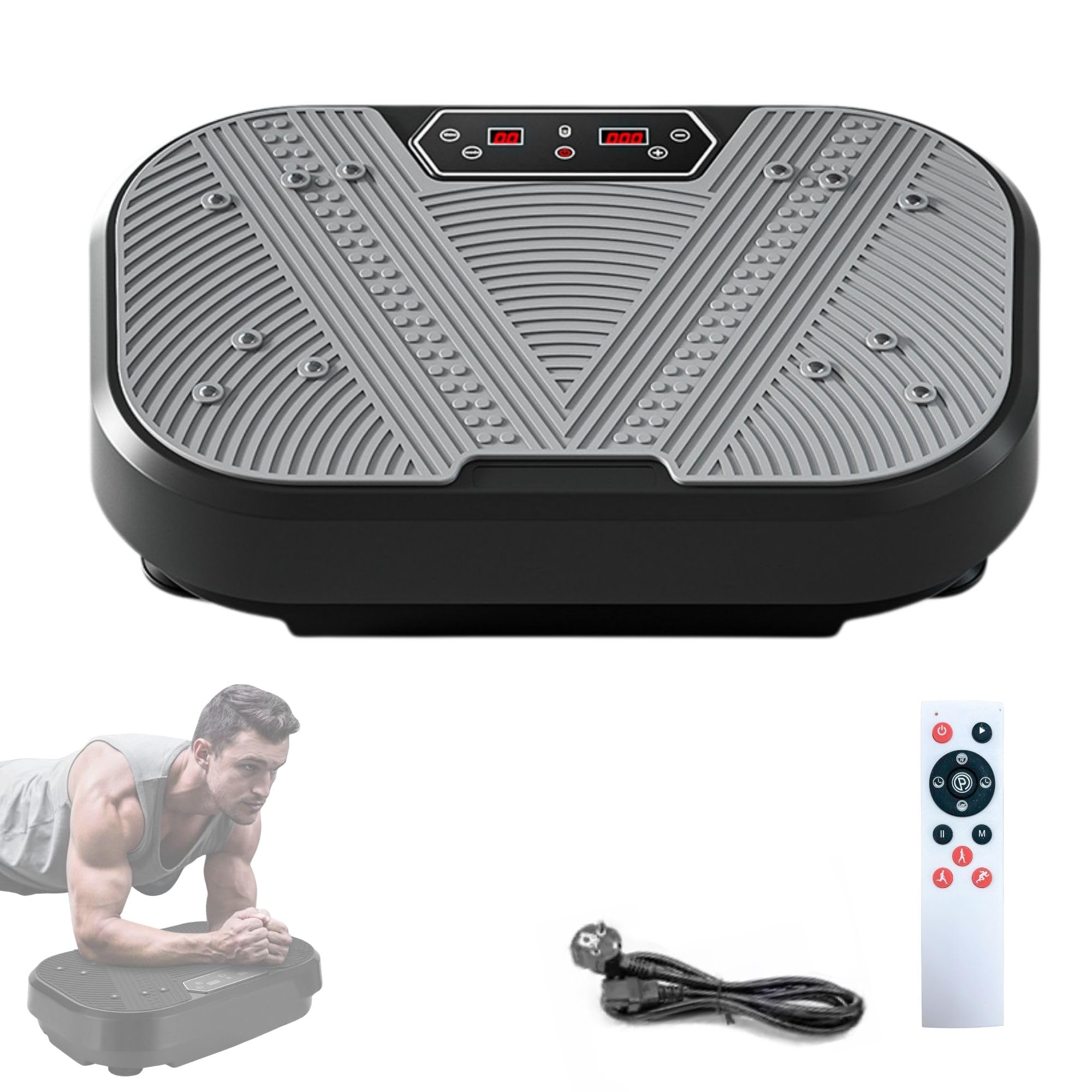 Macchina per Vibrazione Fitness, 20 Livelli di Vibrazione e 8 Programmi. Piattaforma Vibrante Muscolare per Allenarsi a Casa, con Telecomando, Cavo e Schermo LED.