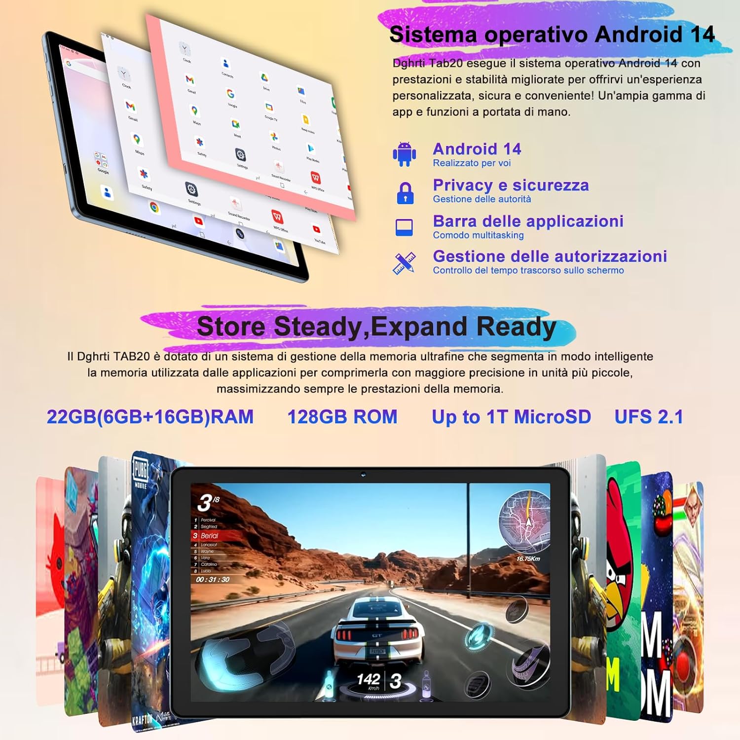 Tablet Android 10 Pollici 22GB RAM 128GB ROM, Grigio - immagine 3