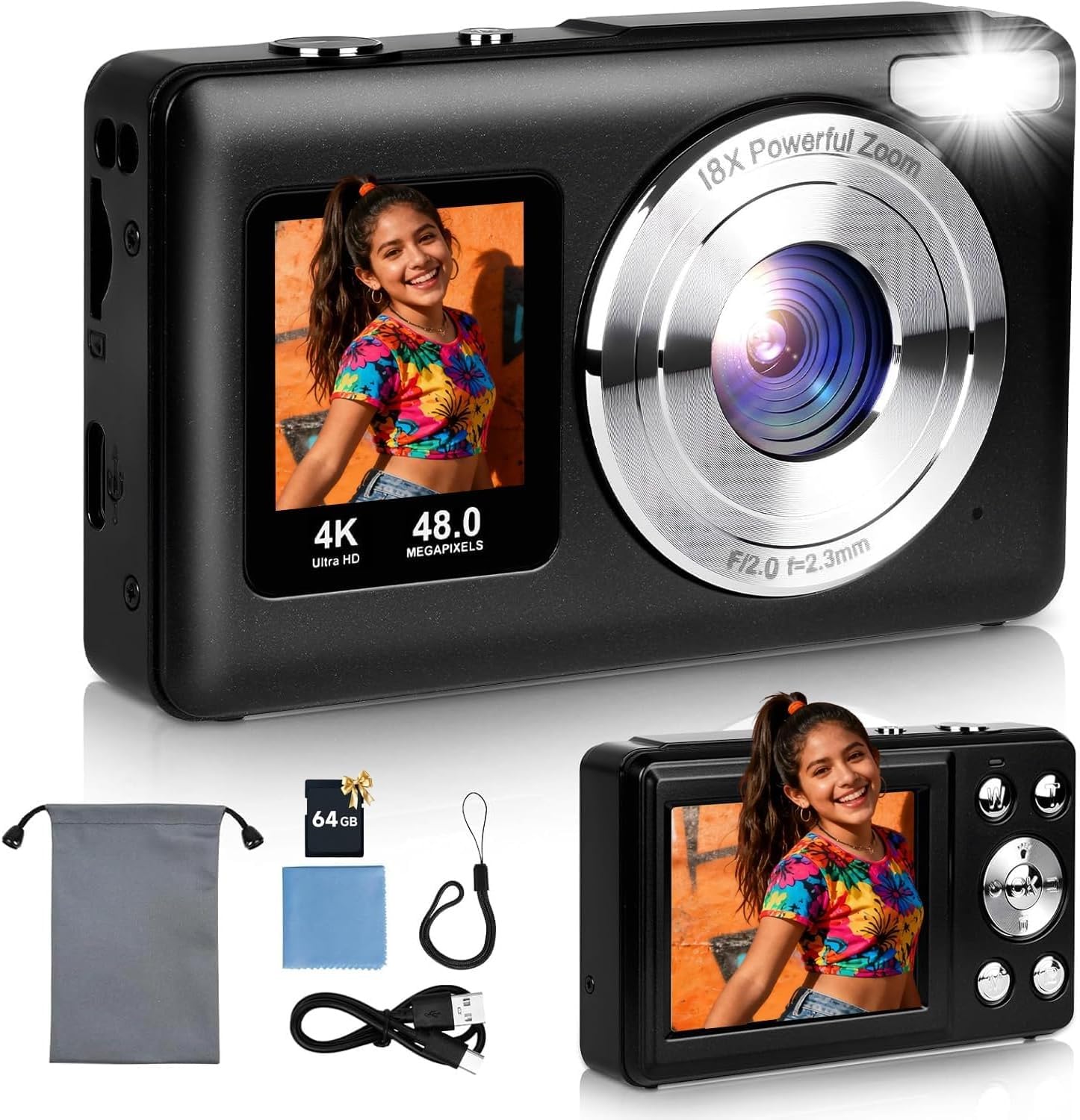 Fotocamera Digitale HD 4K 48MP con Doppio Schermo, Nera