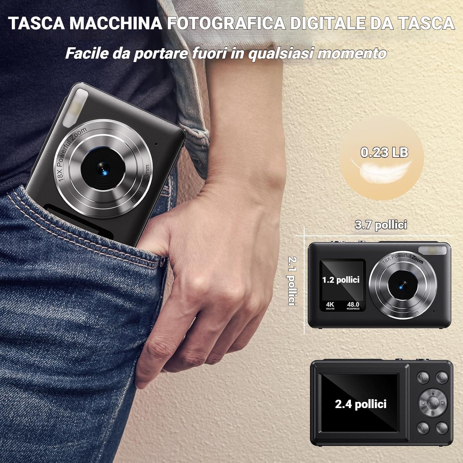 Fotocamera Digitale HD 4K 48MP con Doppio Schermo, Nera - immagine 6