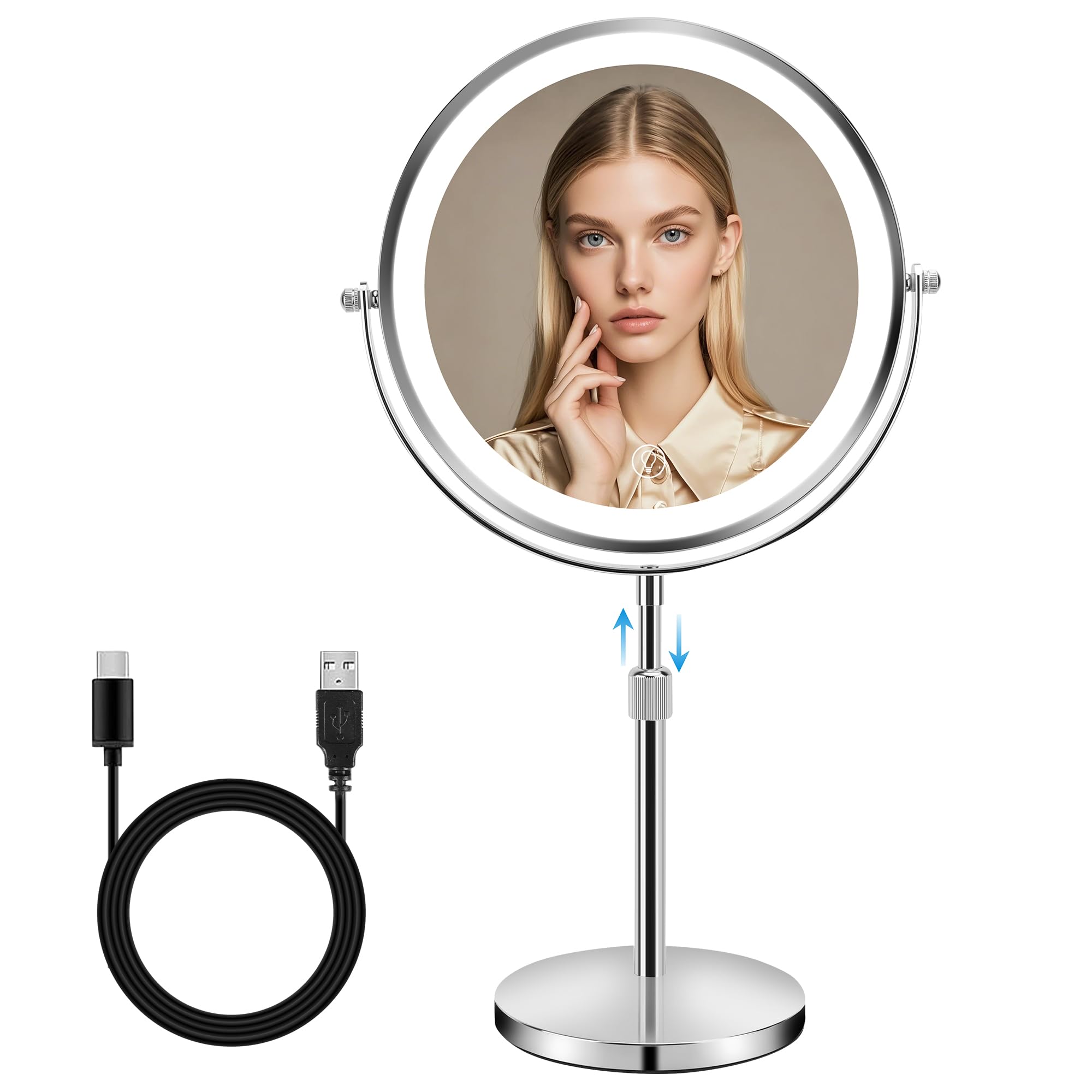 Specchio Trucco Ingranditore 10x con Luci e Rotazione 360°