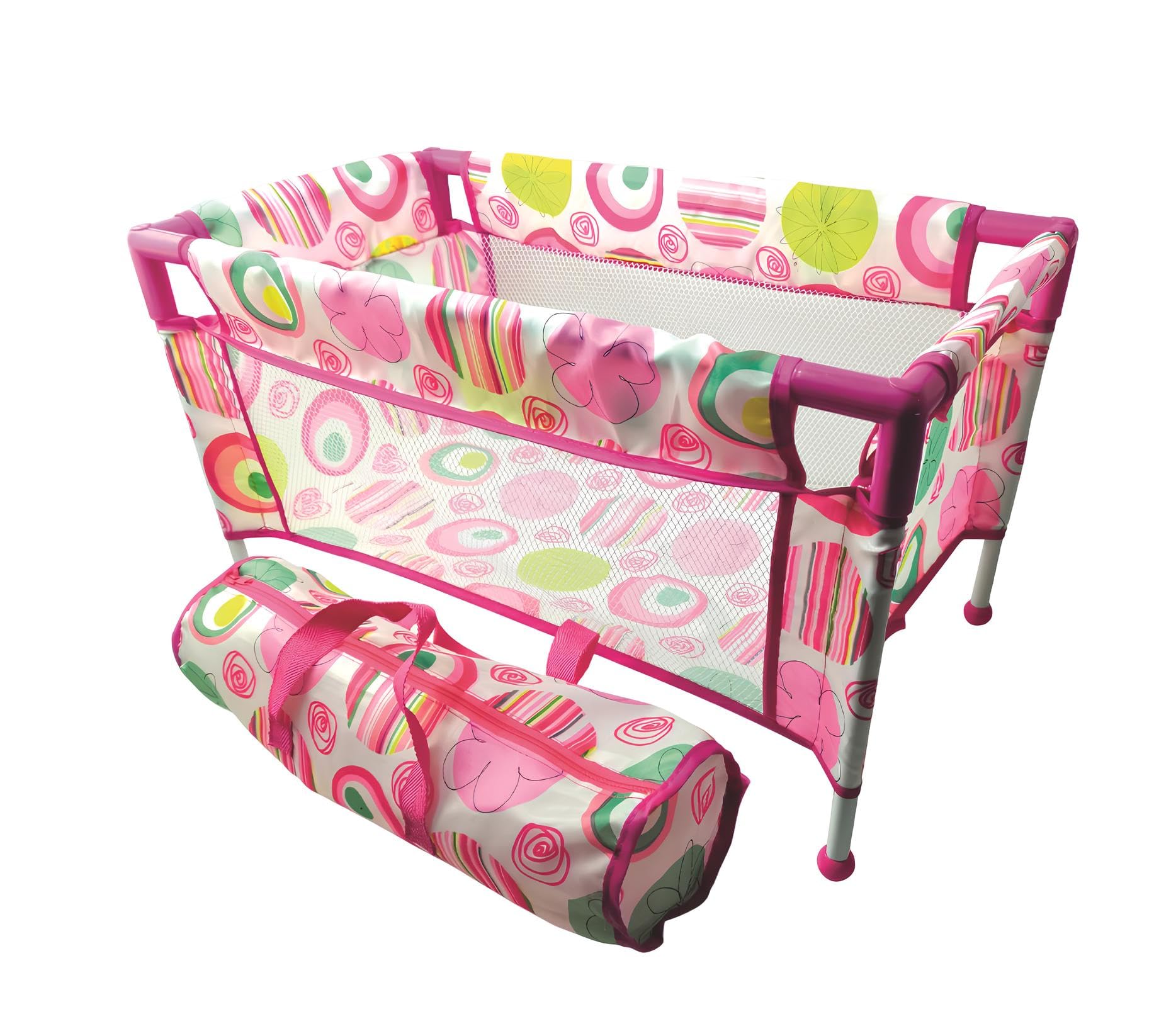 Lettino per Bambole Pieghevole Richiudibile Telaio in Metallo Sacca da Trasporto Culla Bambole Lavabile Trasportino Letto da Viaggio per Bambole con Borsa Mobili per Bambole Accessori,Fantasia Casuale