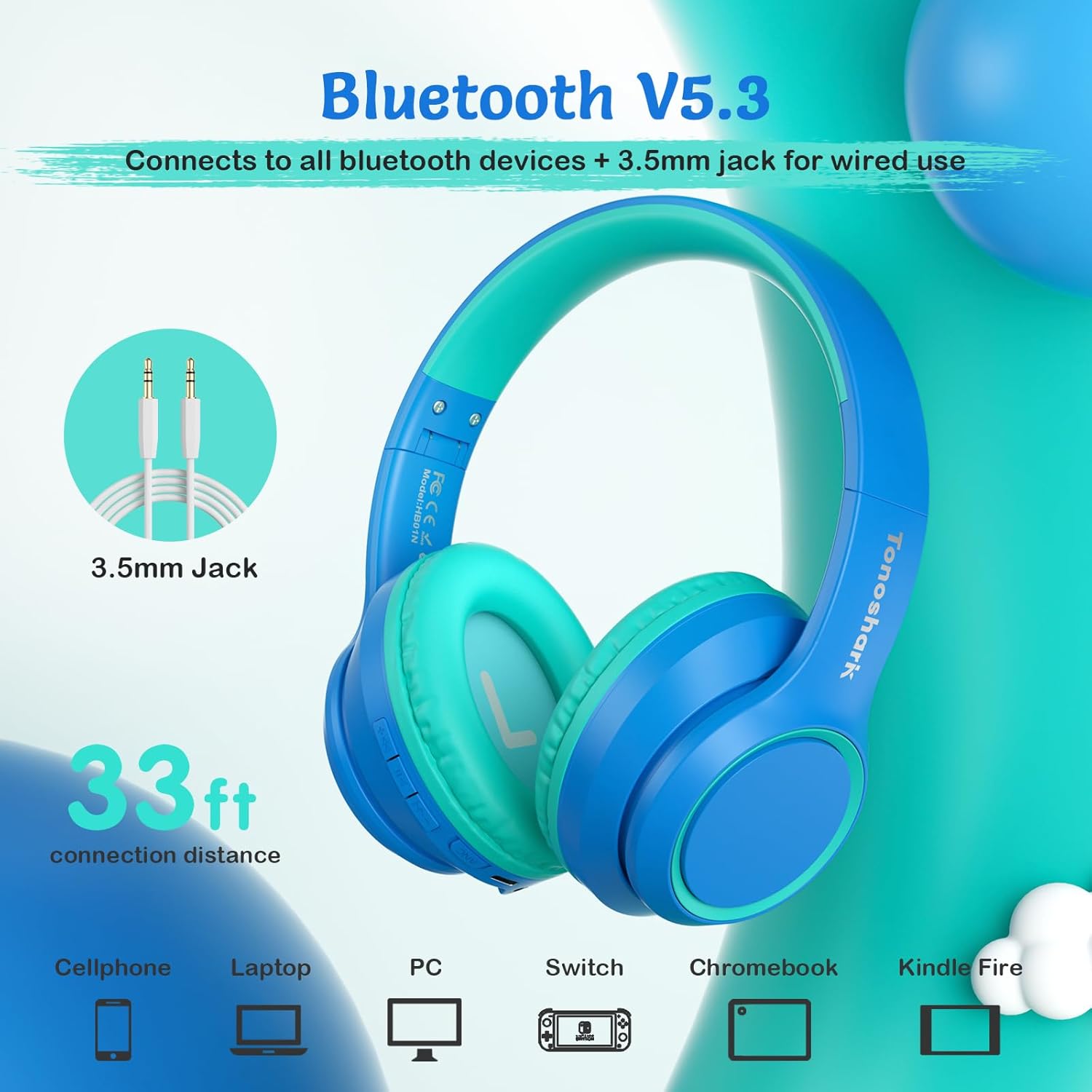 Tonoshark Cuffie Bambini ANC Wireless 60h, Blu - immagine 6