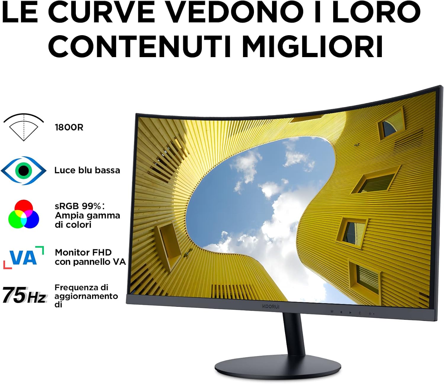 Koorui Monitor Curvo 27 Pollici Full HD VA, Nero - immagine 3