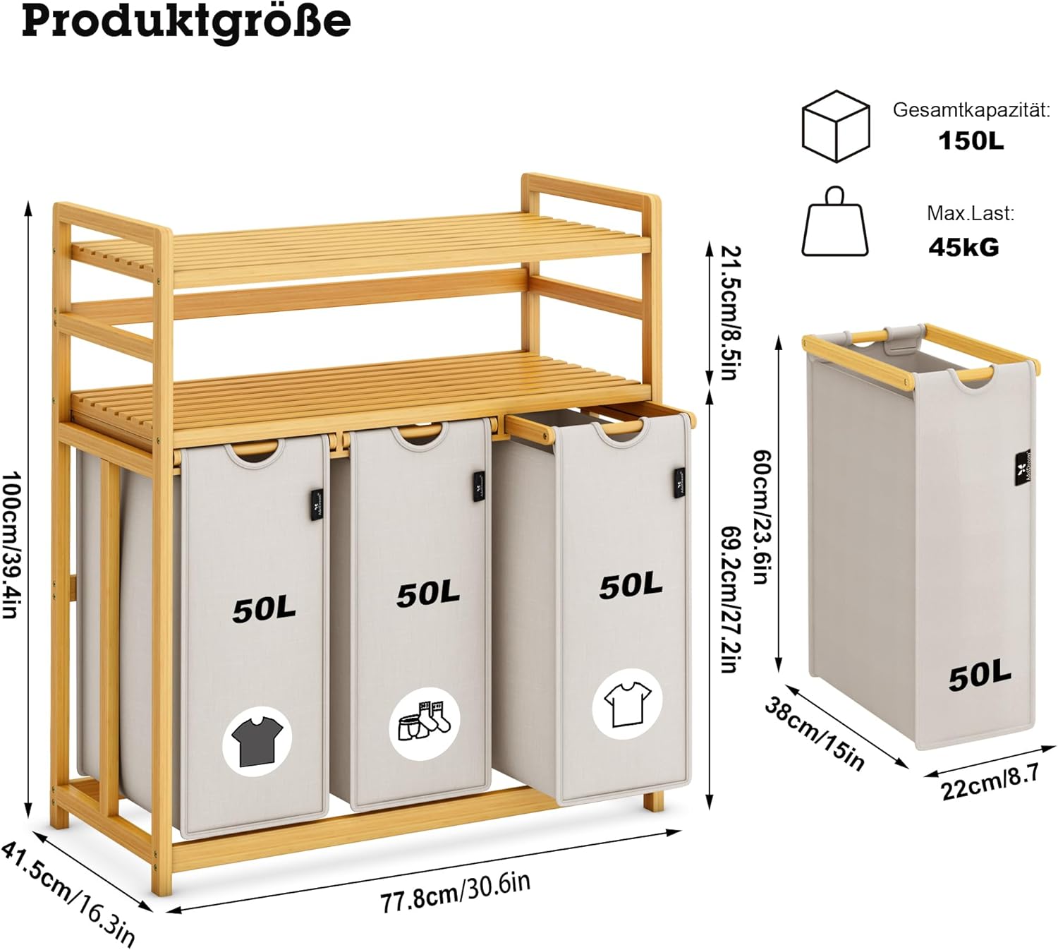 Adel Dream Cesto Portabiancheria 150L 3 Scomparti - immagine 3