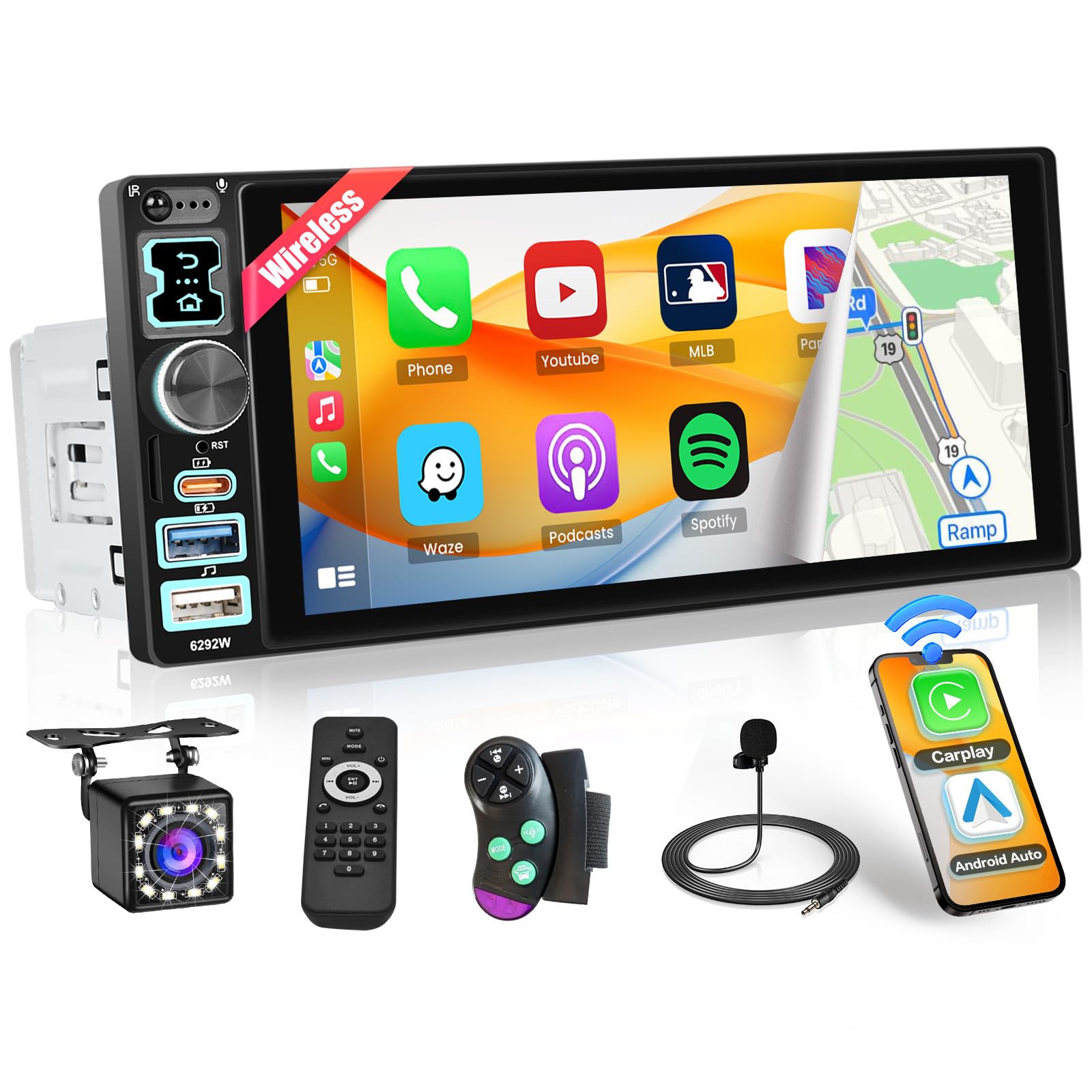 Autoradio Bluetooth 1 DIN con Wireless Carplay 6.8"