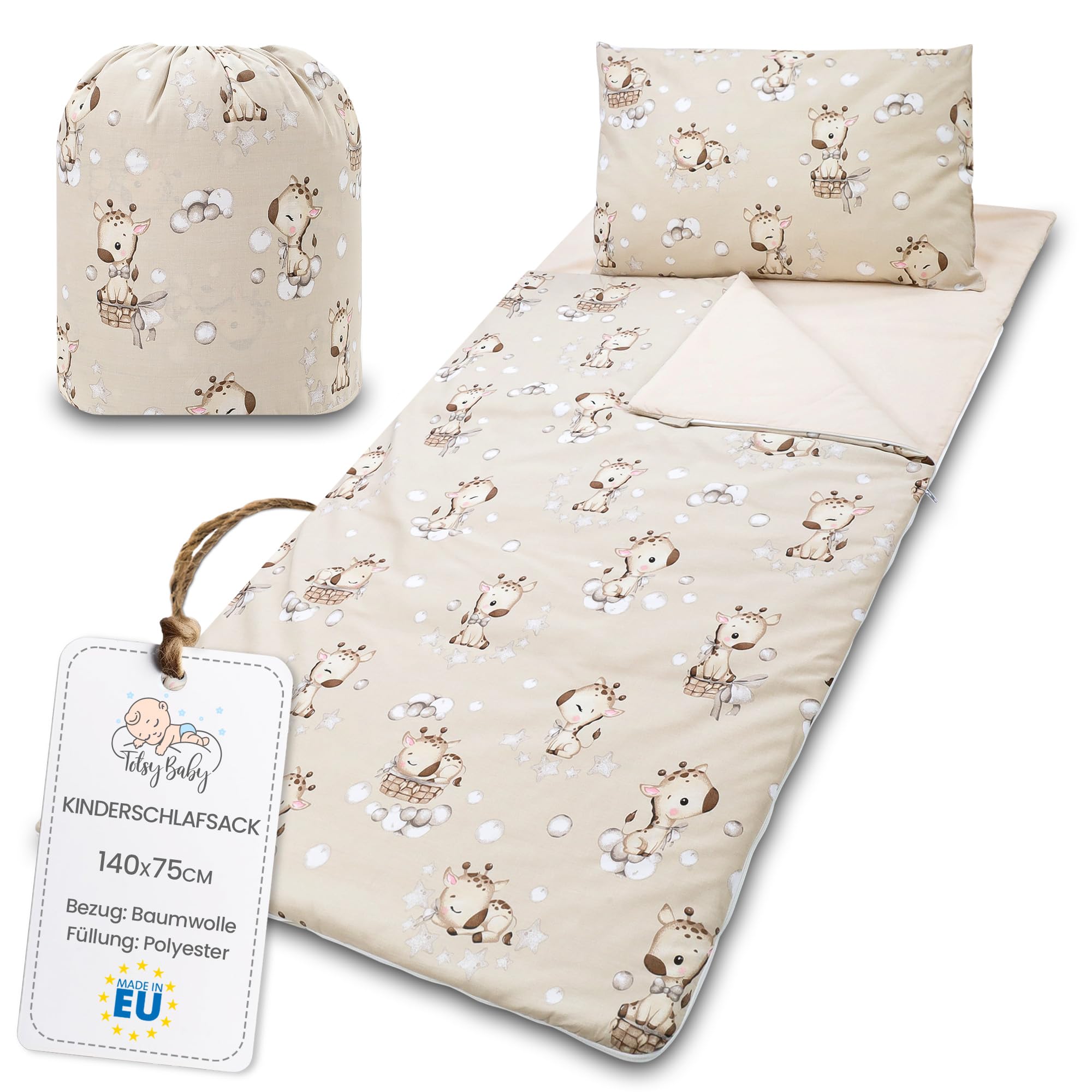 Sacco a pelo per bambini con cuscino e cerniera per bambini da 3 a 7 anni - 75x140 cm sacco a pelo per interni per asilo e scuola materna con coperta integrata Oeko-Tex 75 x 140 Giraffa