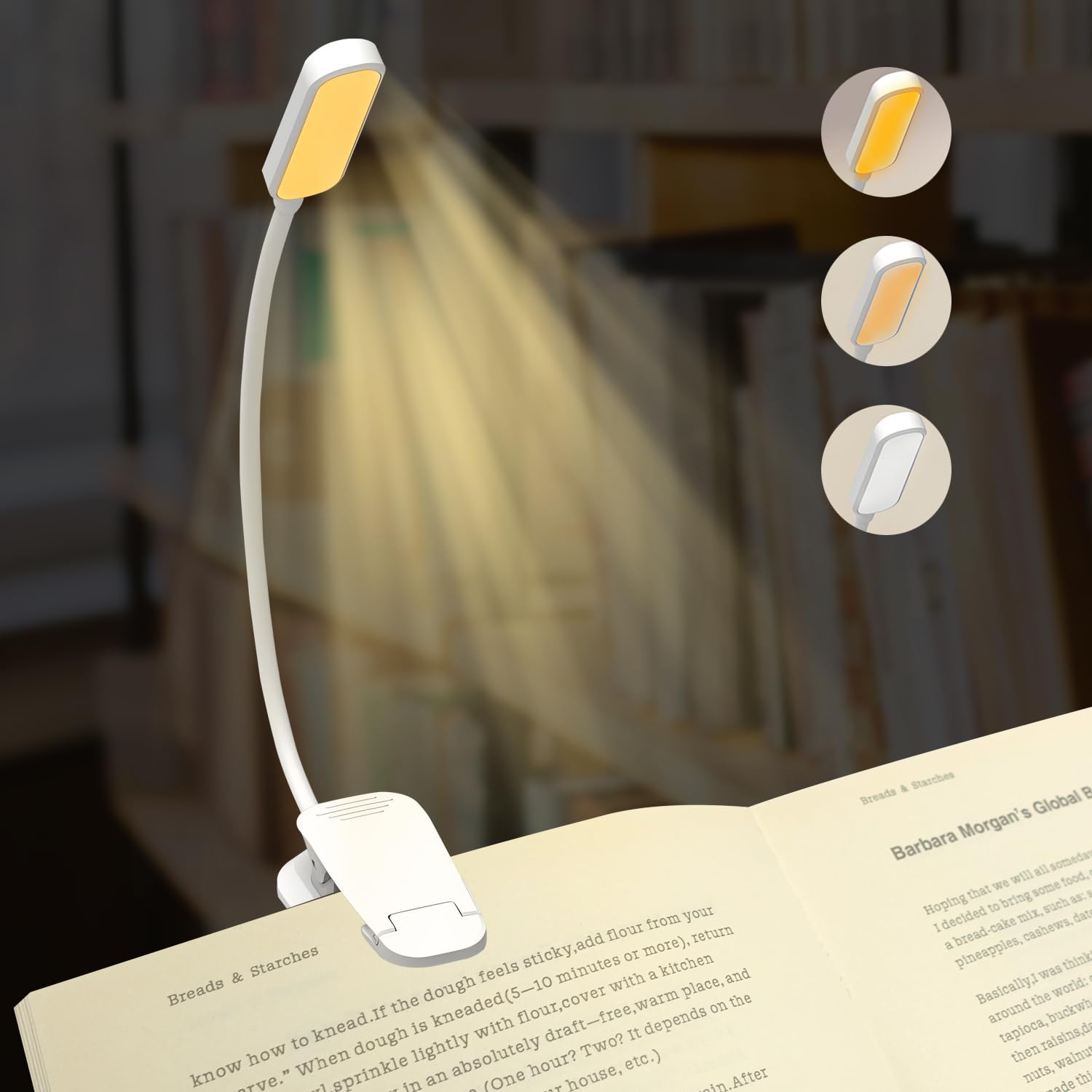 QUMOX Lampada da lettura ricaricabile a 20 LED per leggere a letto - Protegge gli occhi, 3 temperature di colore, 5 livelli di luminosità, autonomia da 5 a 50 ore. Lampada leggera con clip,Bianco