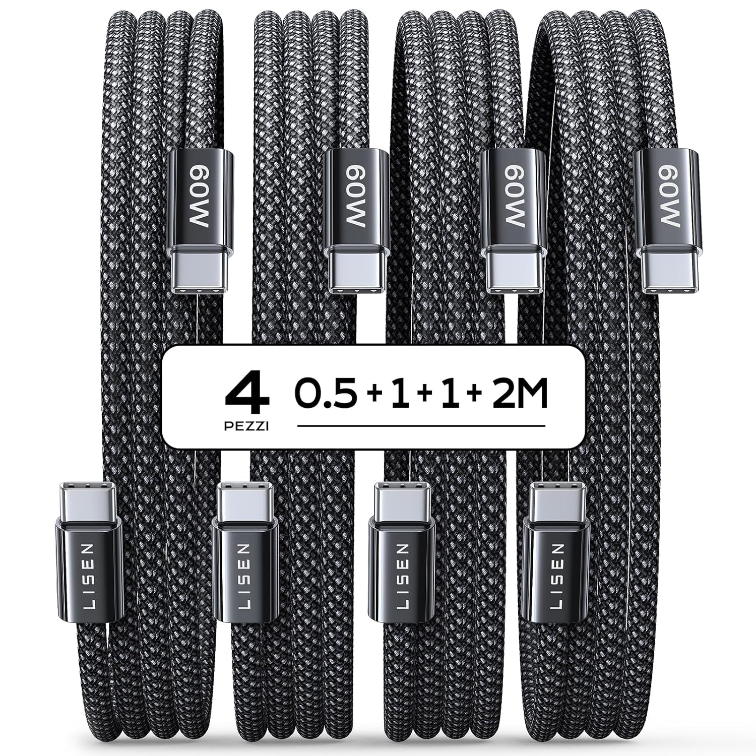 Lisen Cavo USB Type-C Ricarica Rapida 60W, 4 Pezzi - immagine 1