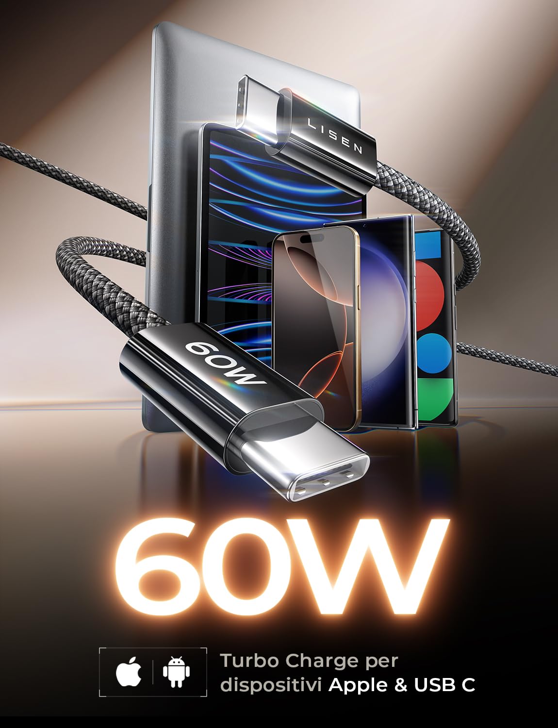 Lisen Cavo USB Type-C Ricarica Rapida 60W, 4 Pezzi - immagine 2