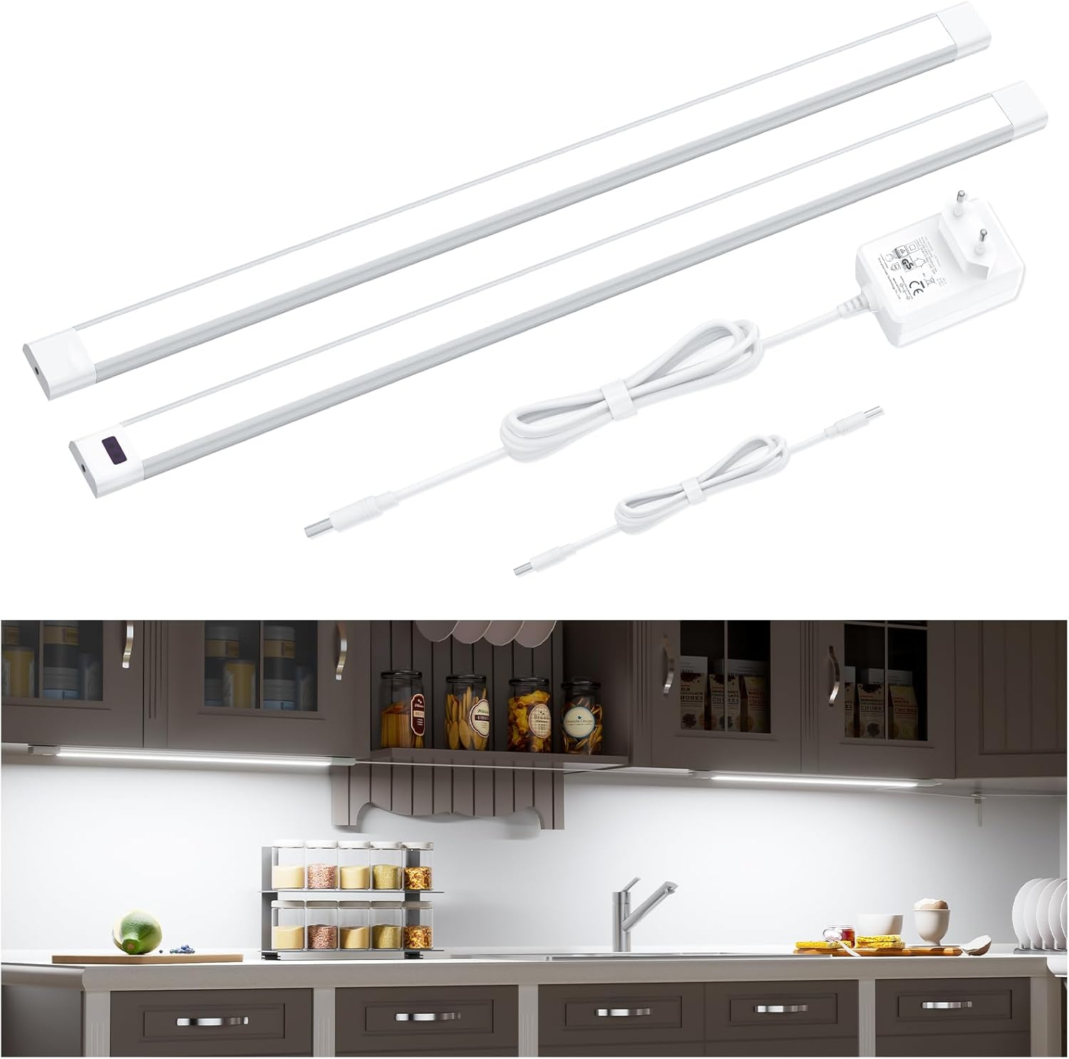 WOBANE Luce Sottopensile Cucina Led 2 * 60cm, Led Cucina con Sensore Senza Contatto Dimmerabile, 120cm Strisce Led Cucina Sottopensile con Presa e Filo per Sotto Mensola,Vetrine, Bianco Freddo 6000K - immagine 1